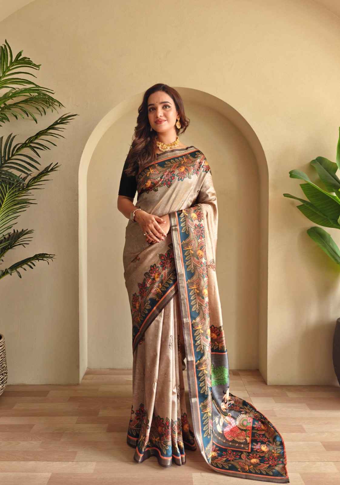 Elegant Soft Silk Saree with Kalamkari Fusion Print