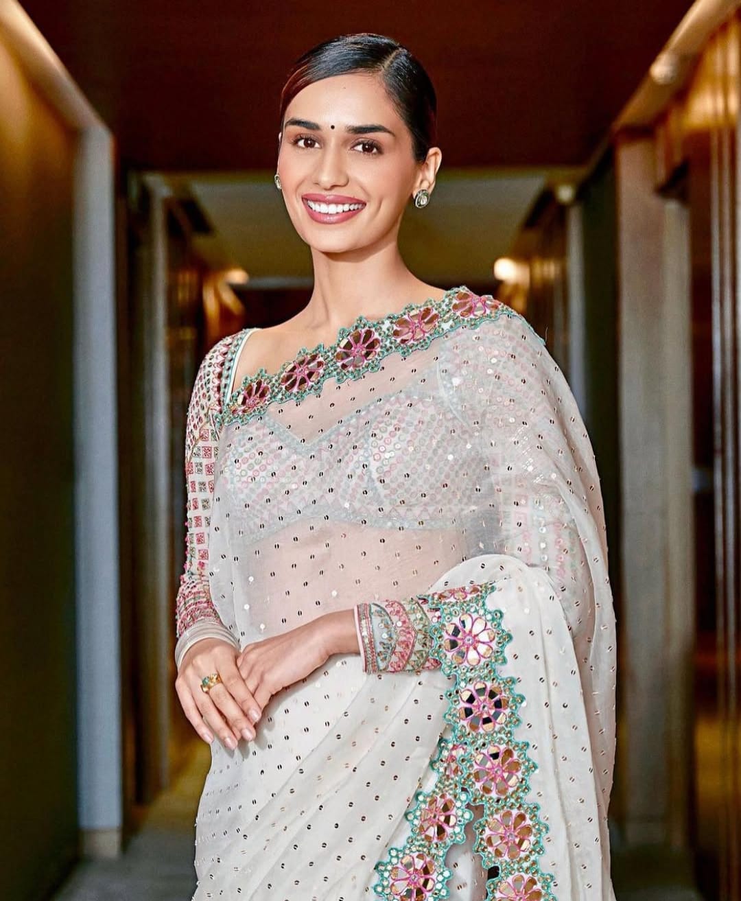 Embellished Net Saree with Mirror and Thread Work