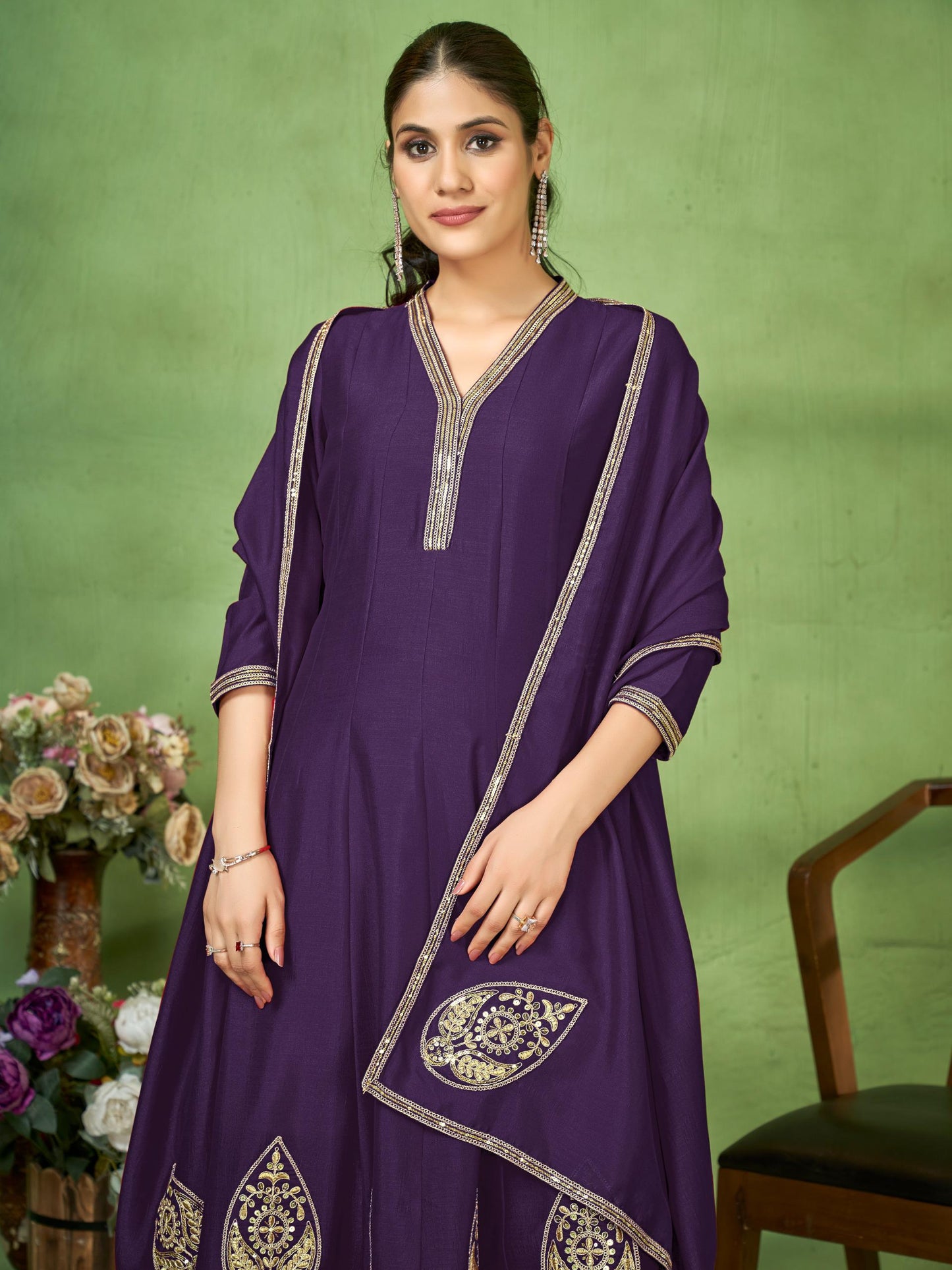 Embroidered Anarkali Suit Set with Dupatta and Bottom