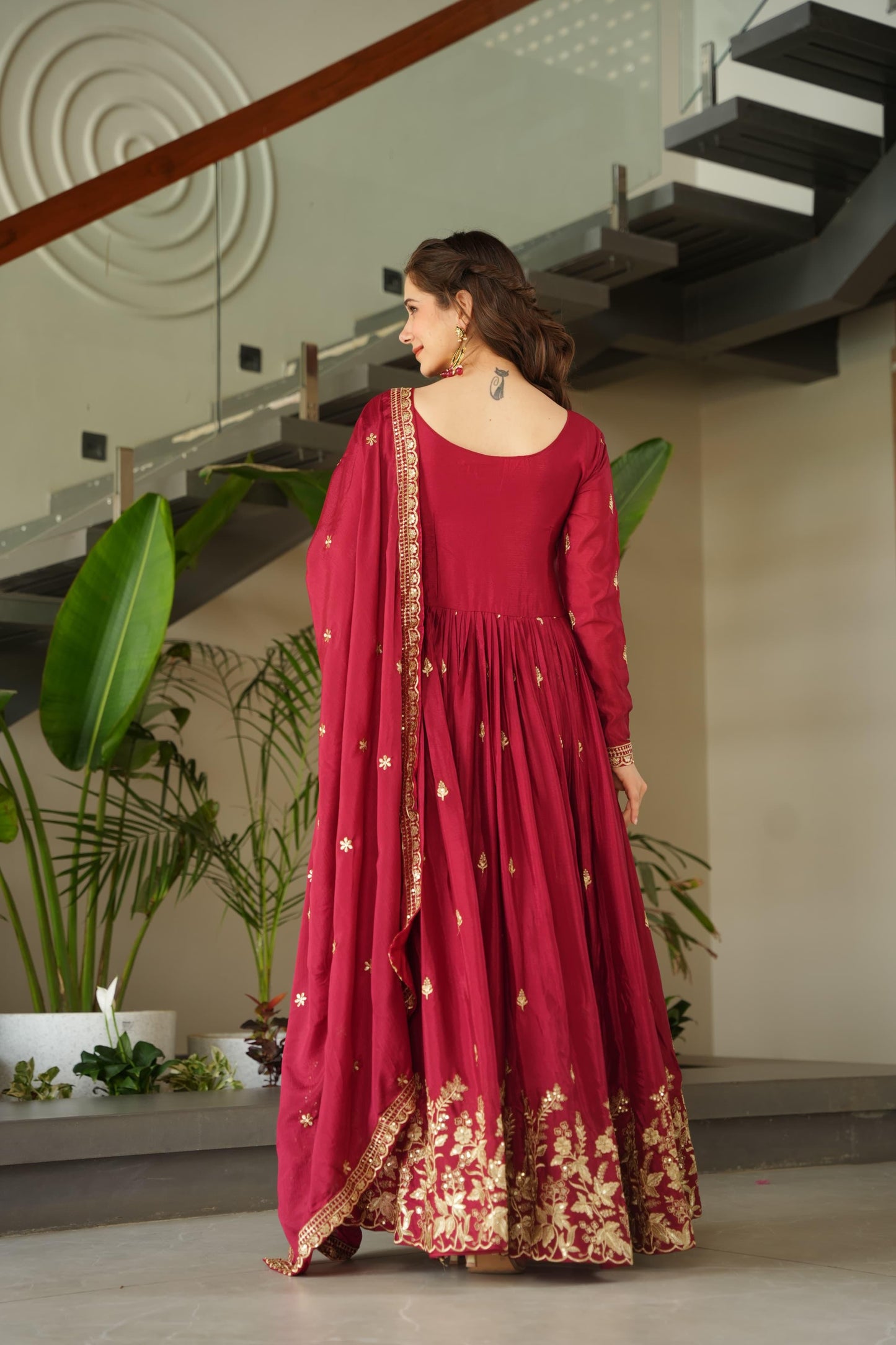 Embroidered Gown with Lace Border for Her