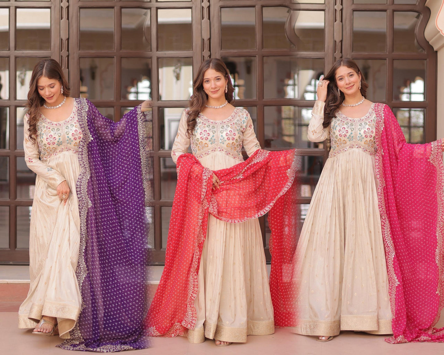 Embroidered Gown with Multicolor Dupatta for Women