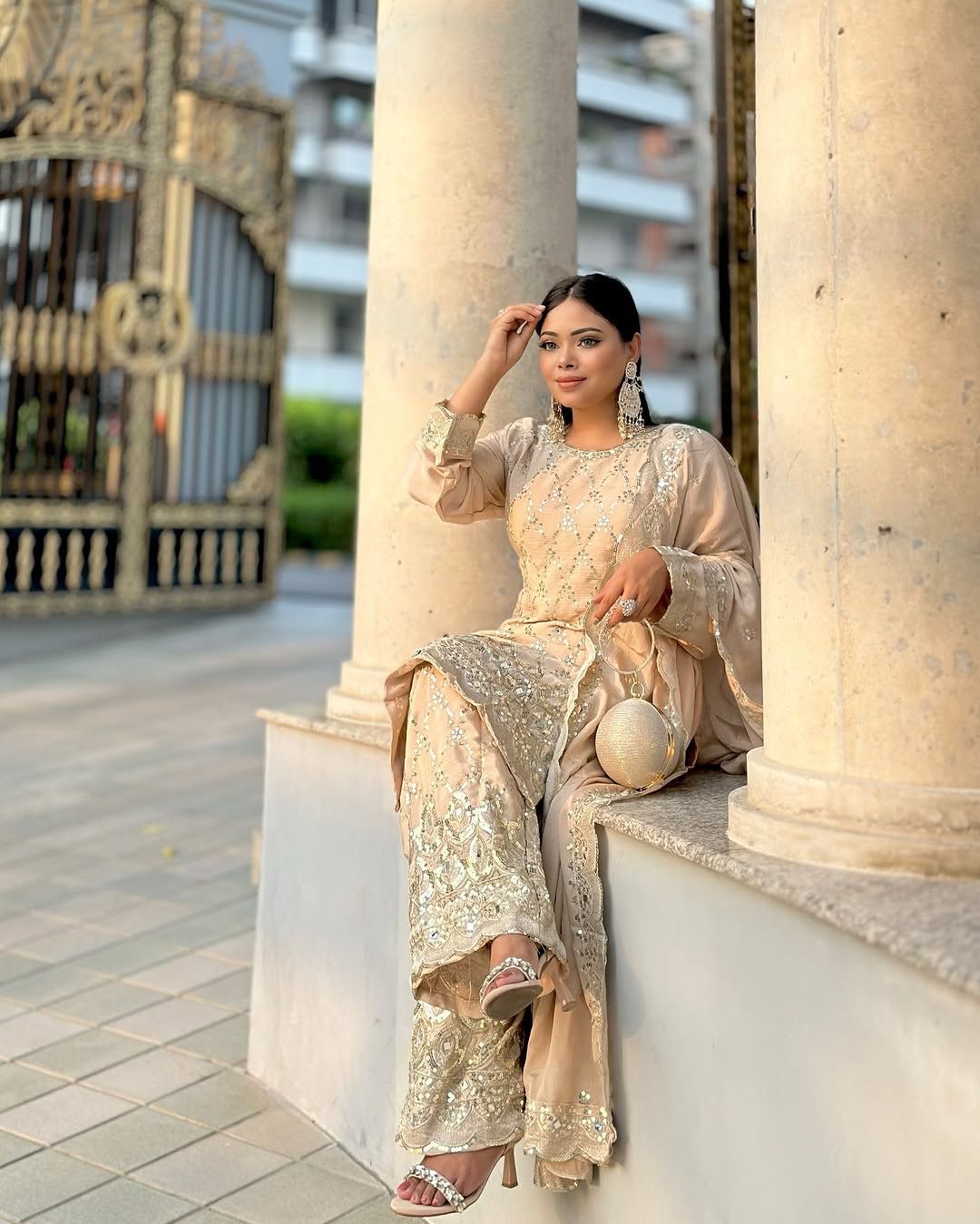 Embroidered Sharara Suit Set with Mirror and Lace Detailing