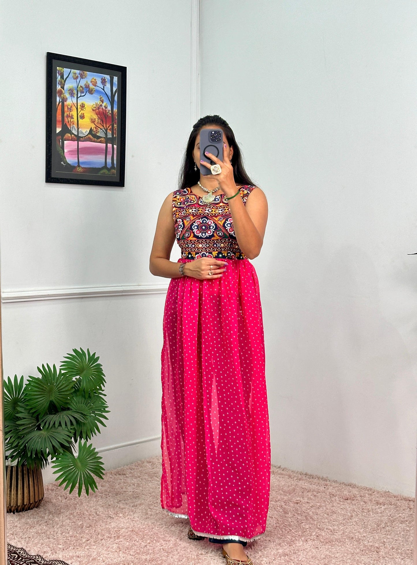 Embroidered Sleeveless Navratri Gown with Polka Dot Flair