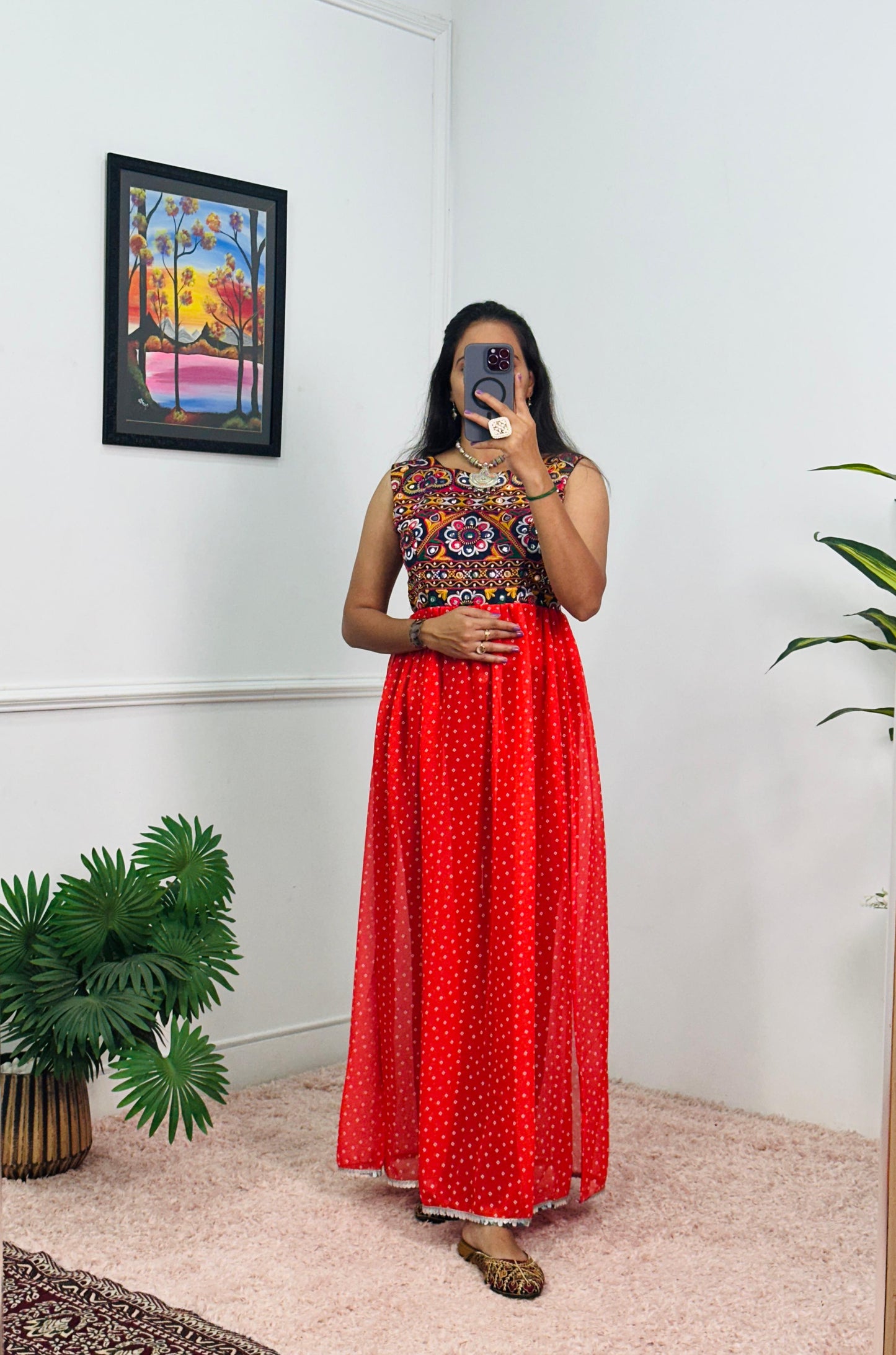 Embroidered Sleeveless Navratri Gown with Polka Dot Flair