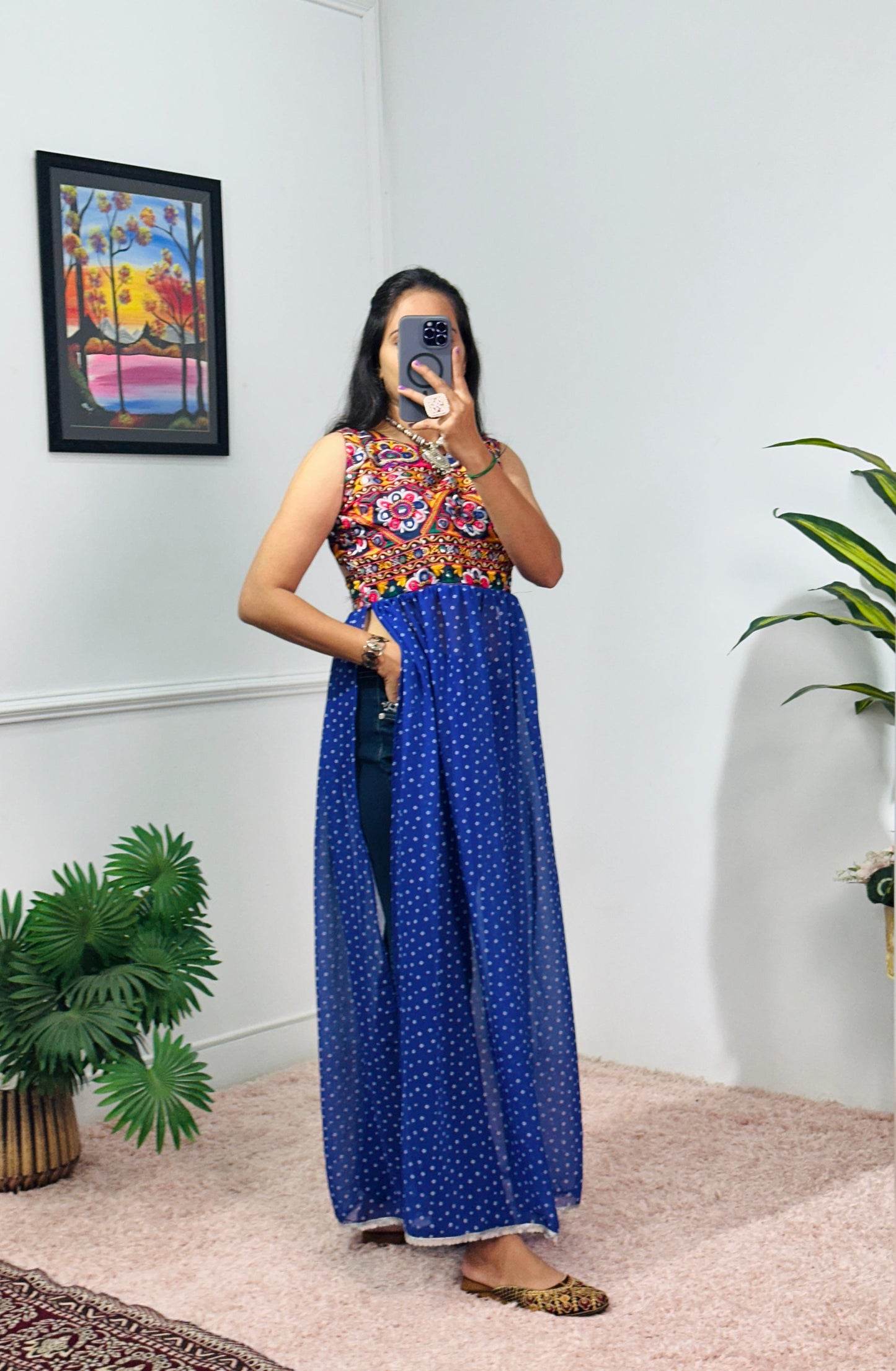 Embroidered Sleeveless Navratri Gown with Polka Dot Flair