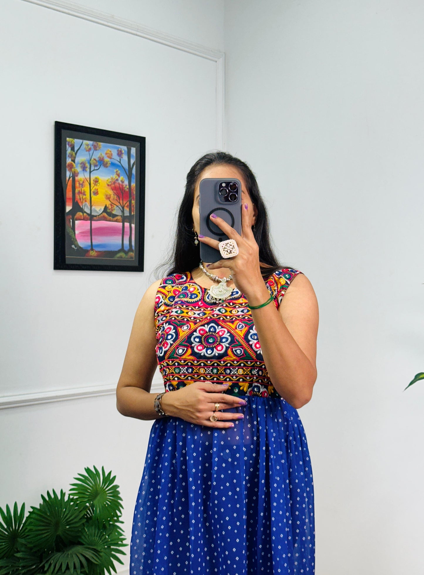 Embroidered Sleeveless Navratri Gown with Polka Dot Flair