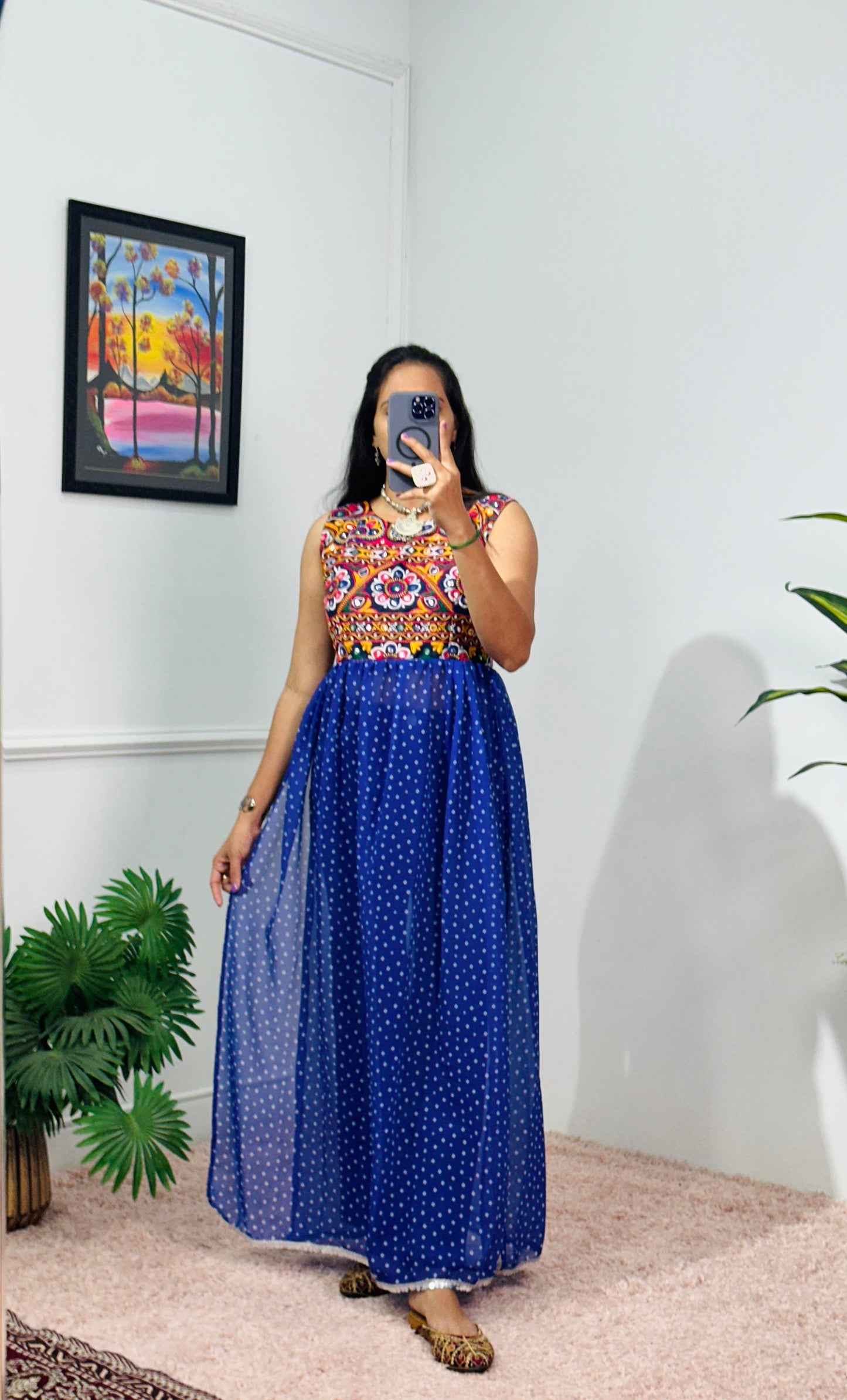 Embroidered Sleeveless Navratri Gown with Polka Dot Flair