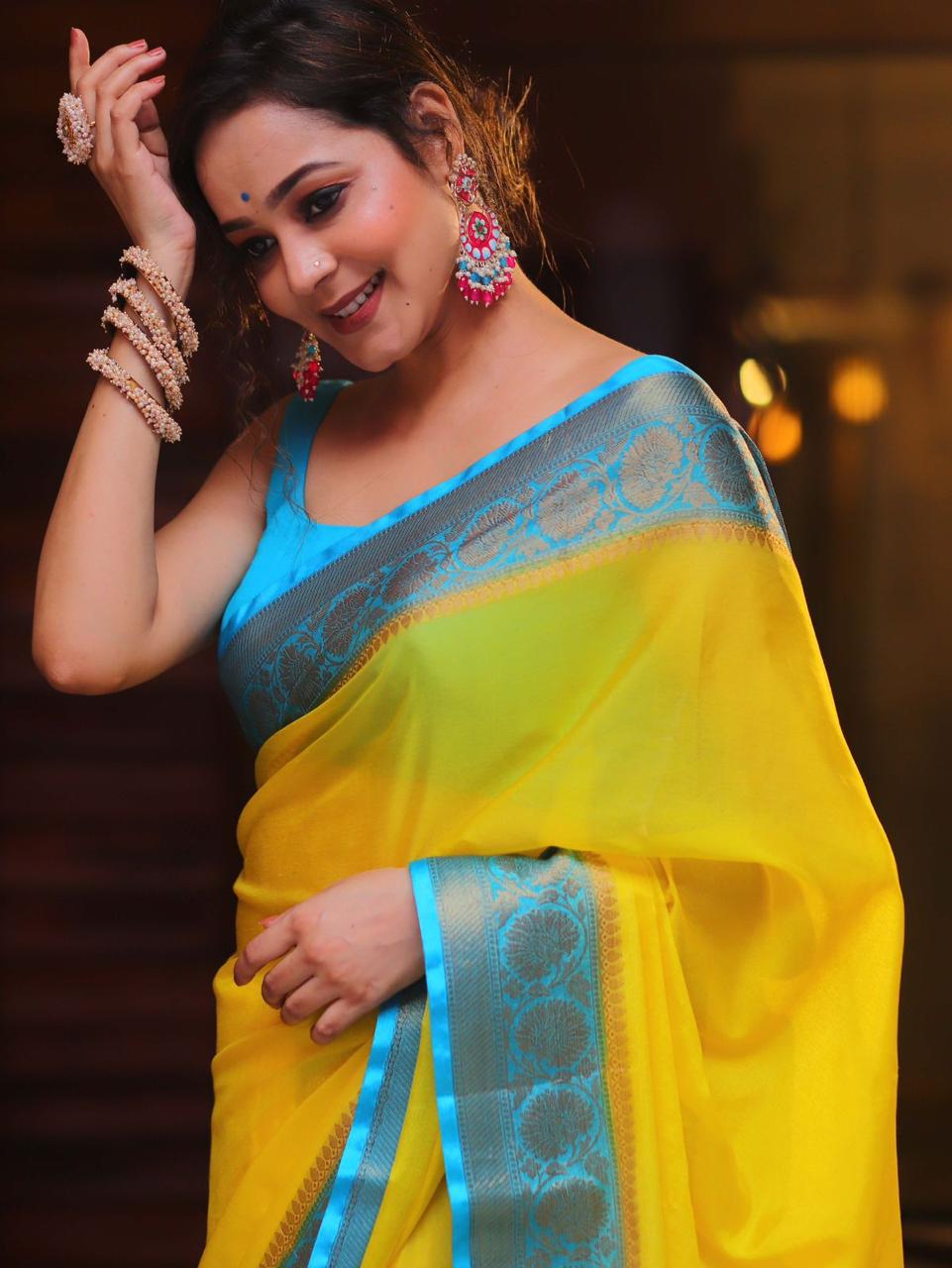 Exclusive Nylon Chinnon Saree with Zari Weaving Work