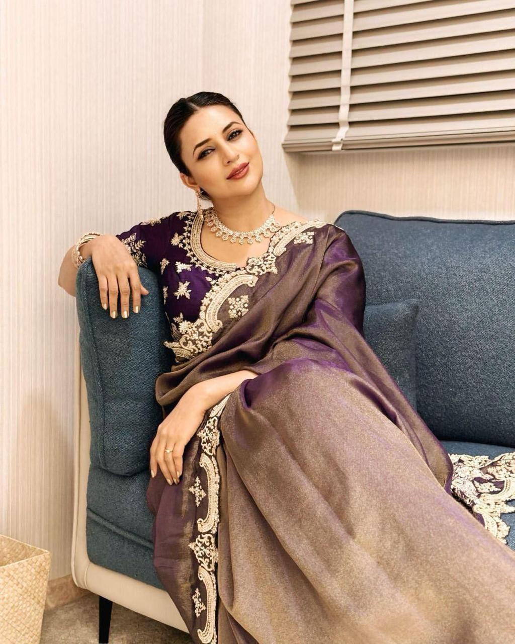 Fendy Satin Saree with Zari and Sequin Embroidery