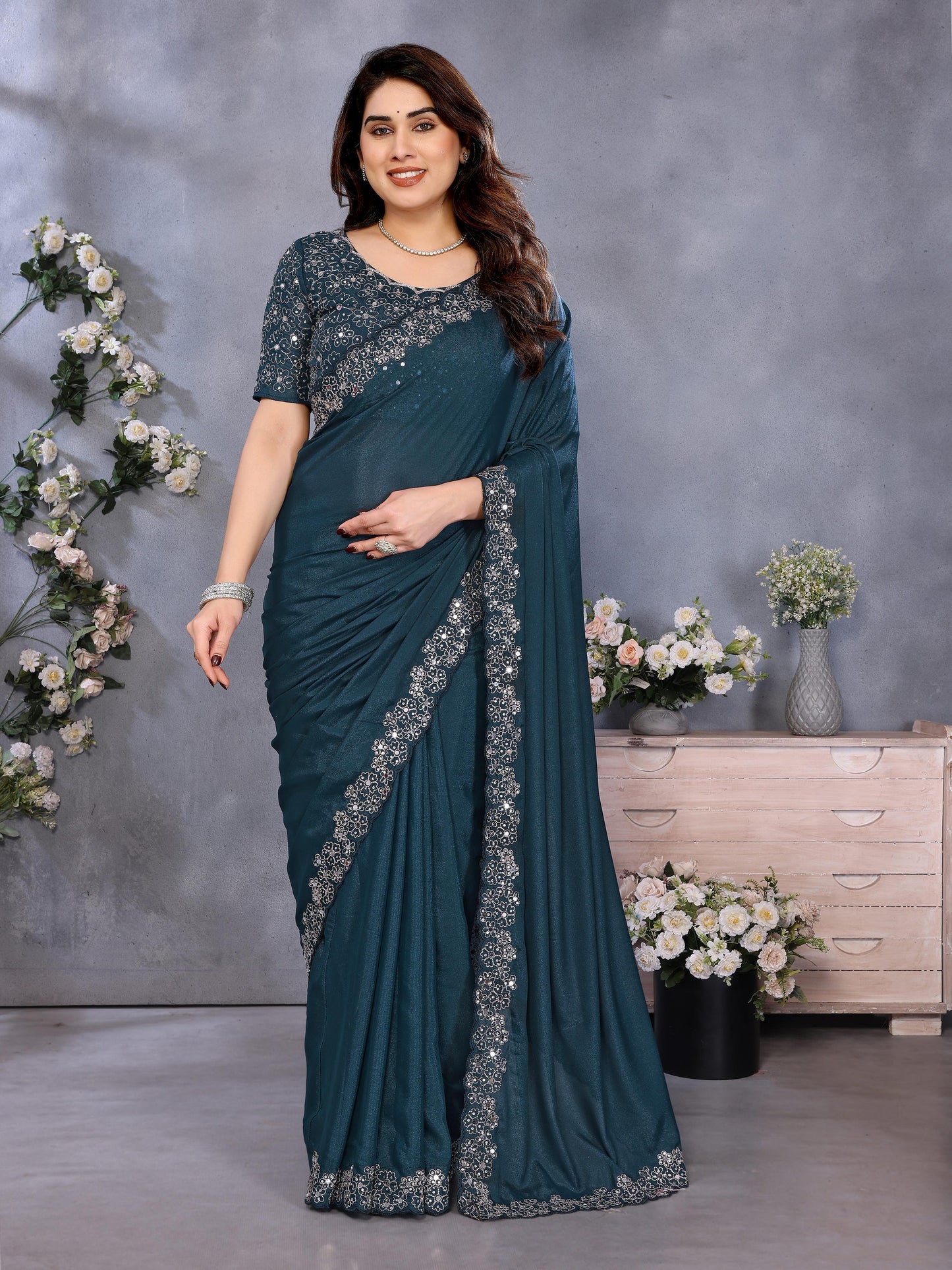 Festive Teal Blue Saree with Designer Border Work