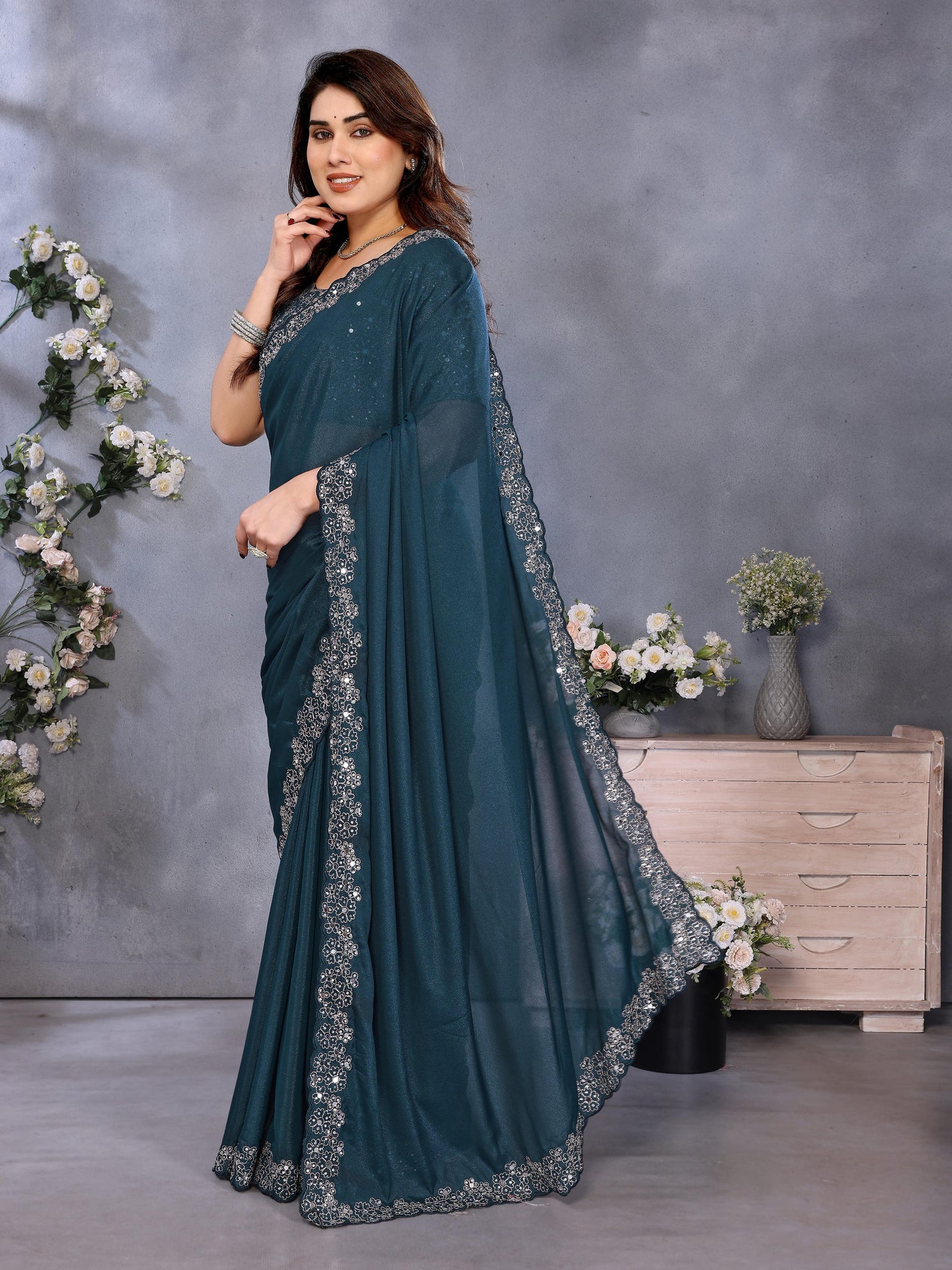 Festive Teal Blue Saree with Designer Border Work