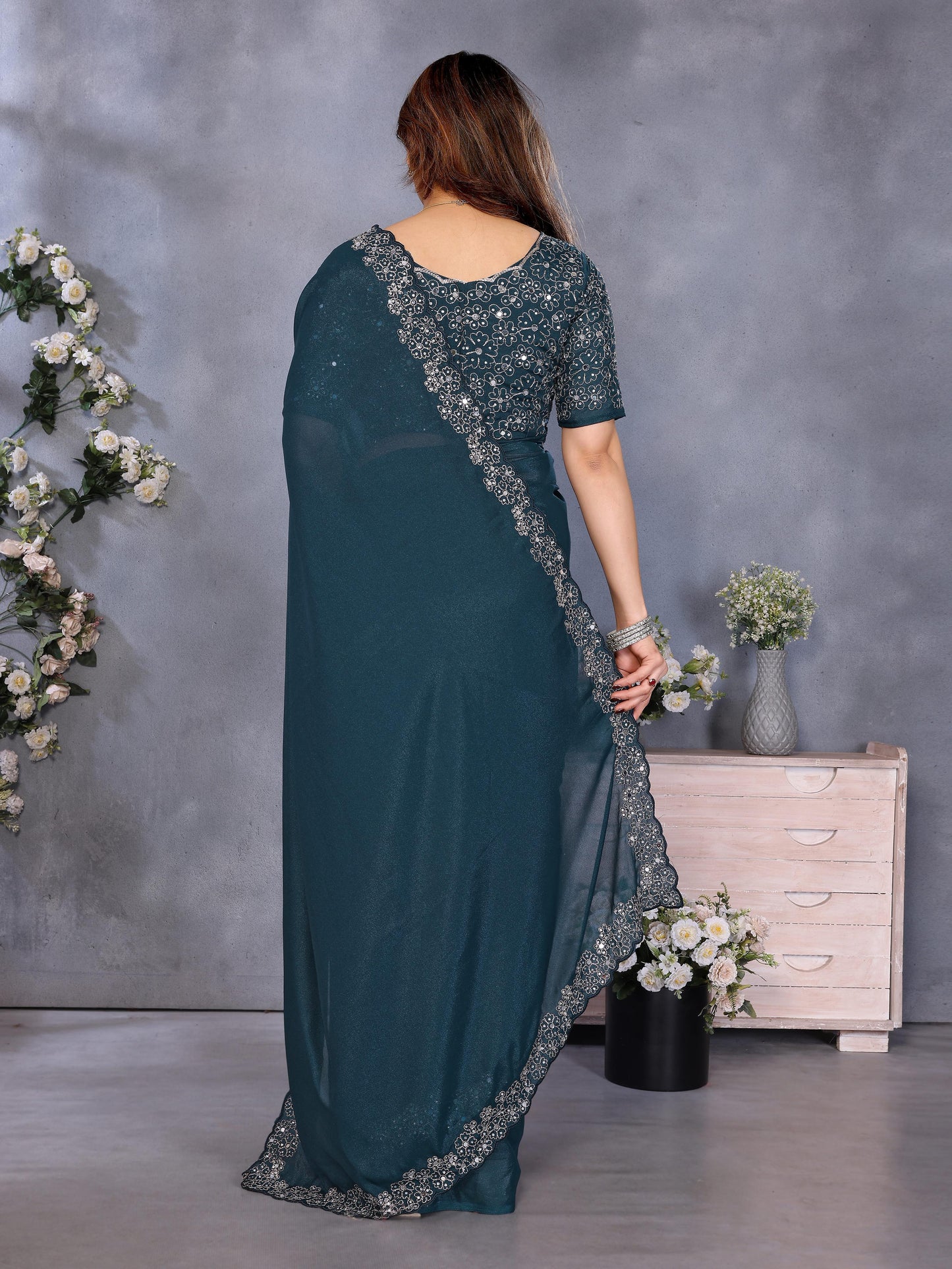 Festive Teal Blue Saree with Designer Border Work