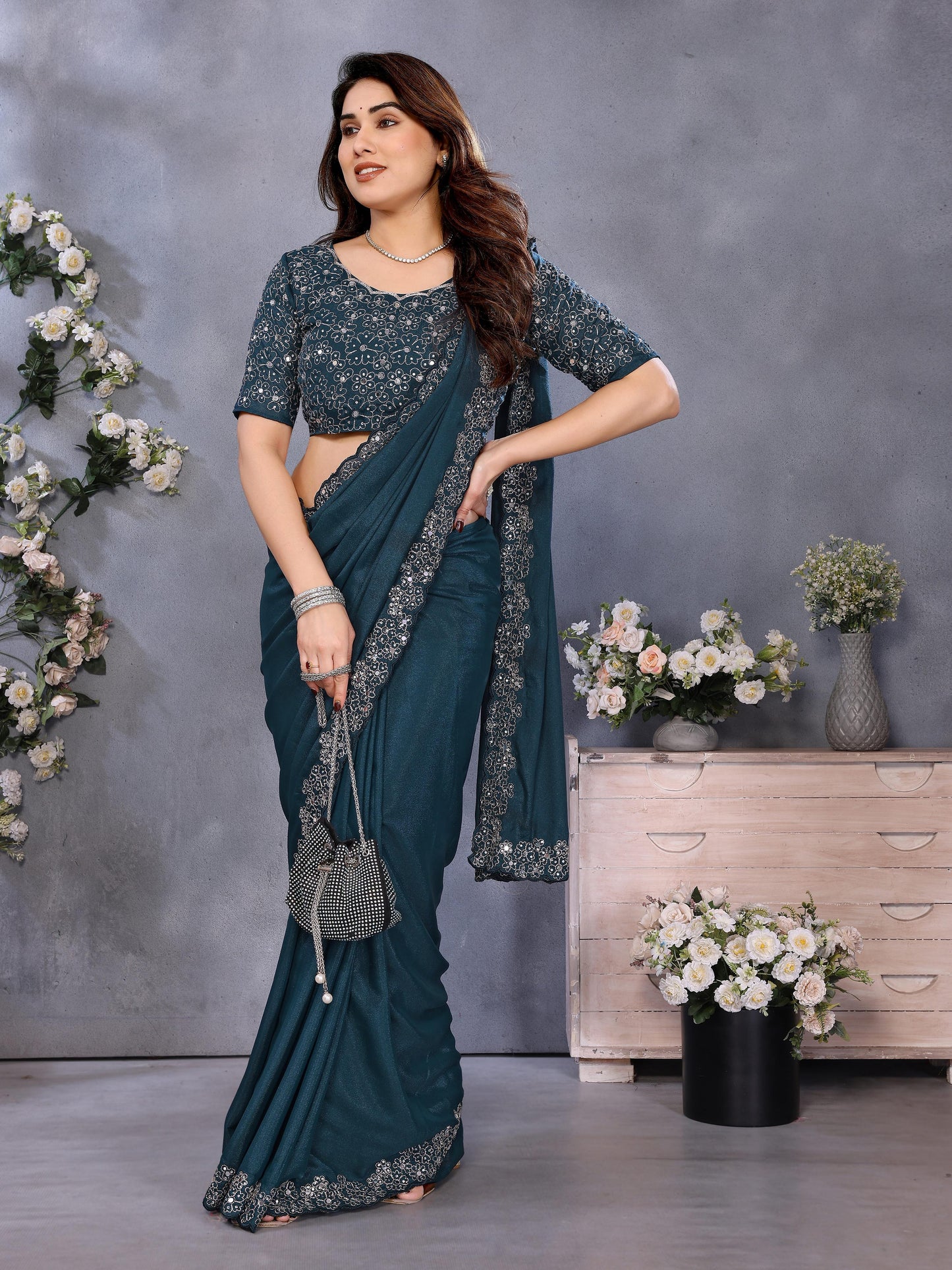 Festive Teal Blue Saree with Designer Border Work