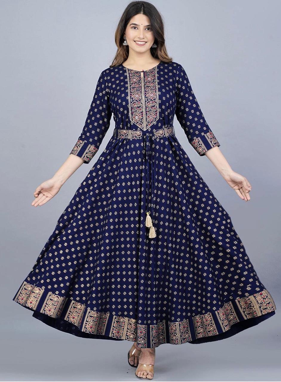 Flared Rayon Anarkali Gown with Elegant Foil Print