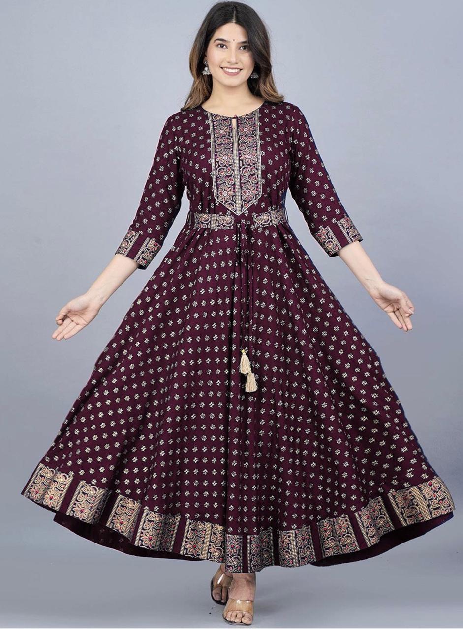 Flared Rayon Anarkali Gown with Elegant Foil Print