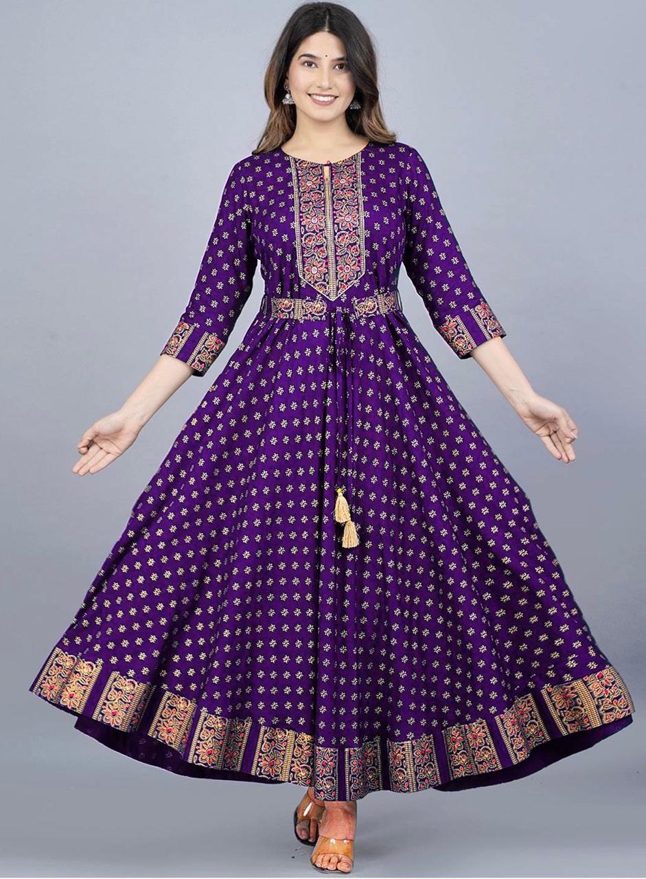 Flared Rayon Anarkali Gown with Elegant Foil Print