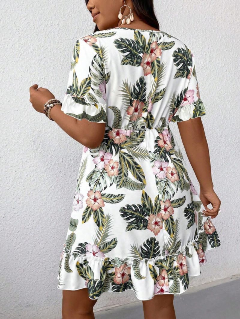 Floral Print V-Neck Ruffle Dress Summer Casual Outfit