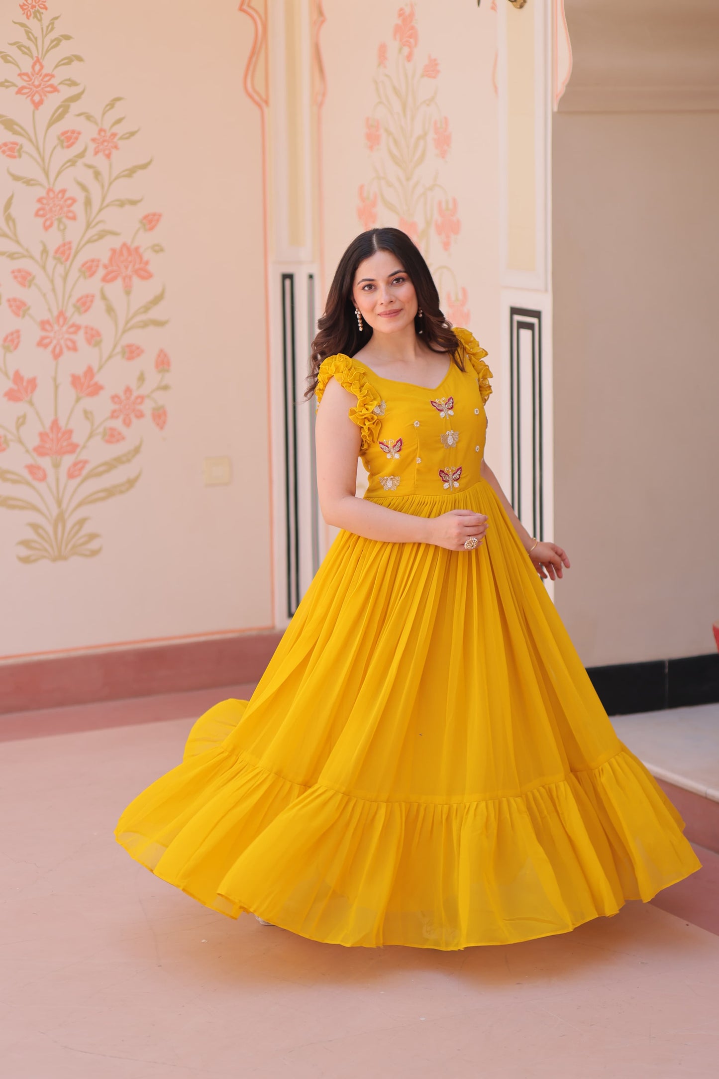 Floral Ruffle Gowns in Bright Hues for Festive Occasions