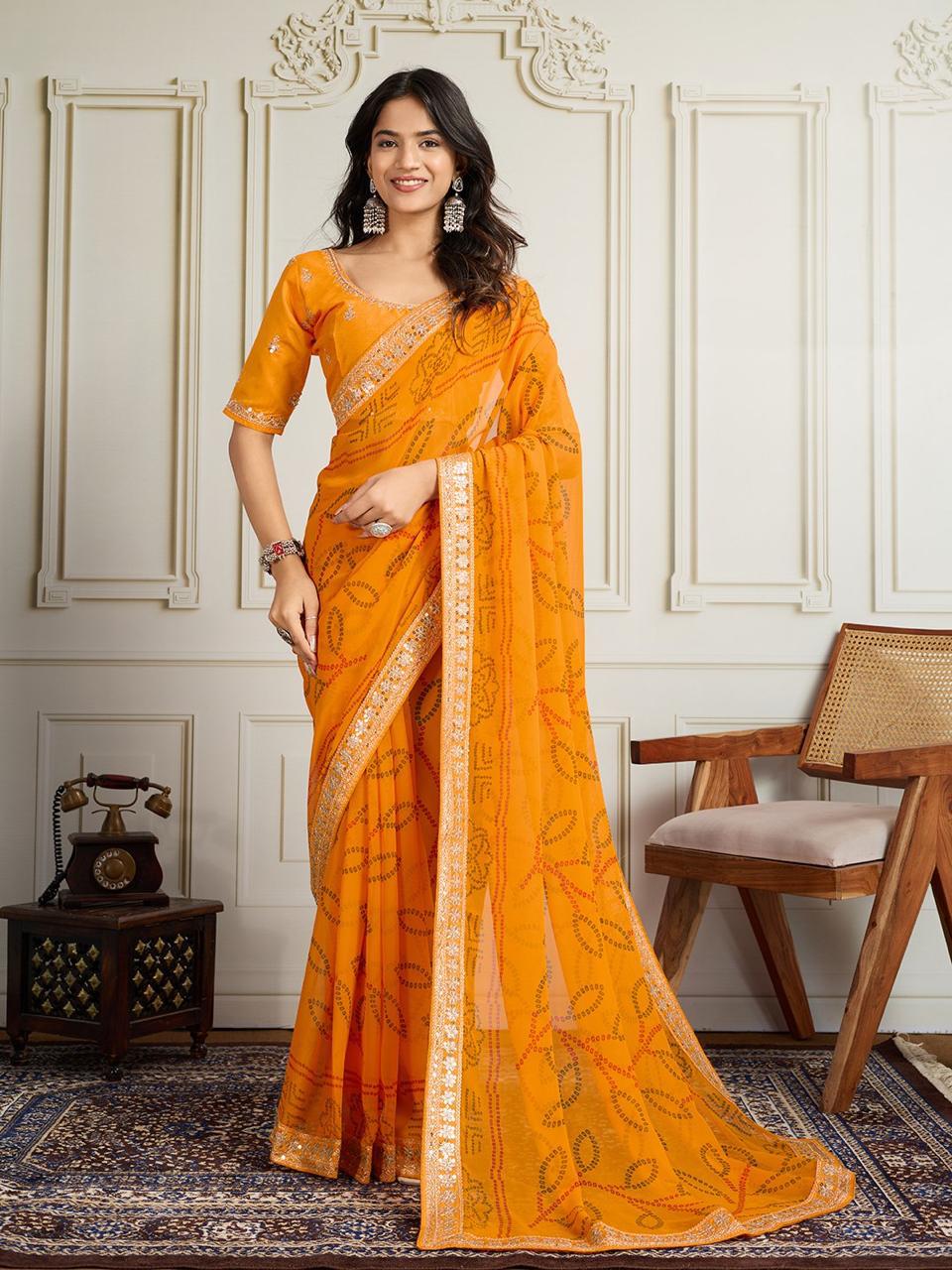 Georgette Bandhej Saree with Embroidery Lace Border