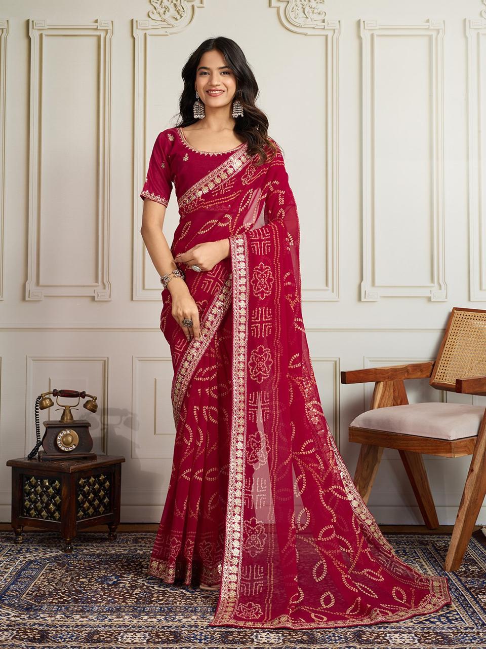 Georgette Bandhej Saree with Embroidery Lace Border