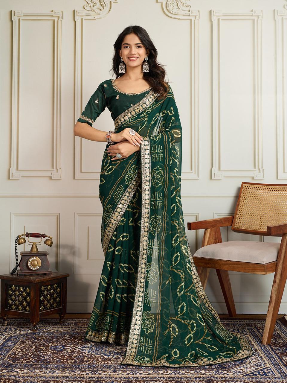 Georgette Bandhej Saree with Embroidery Lace Border