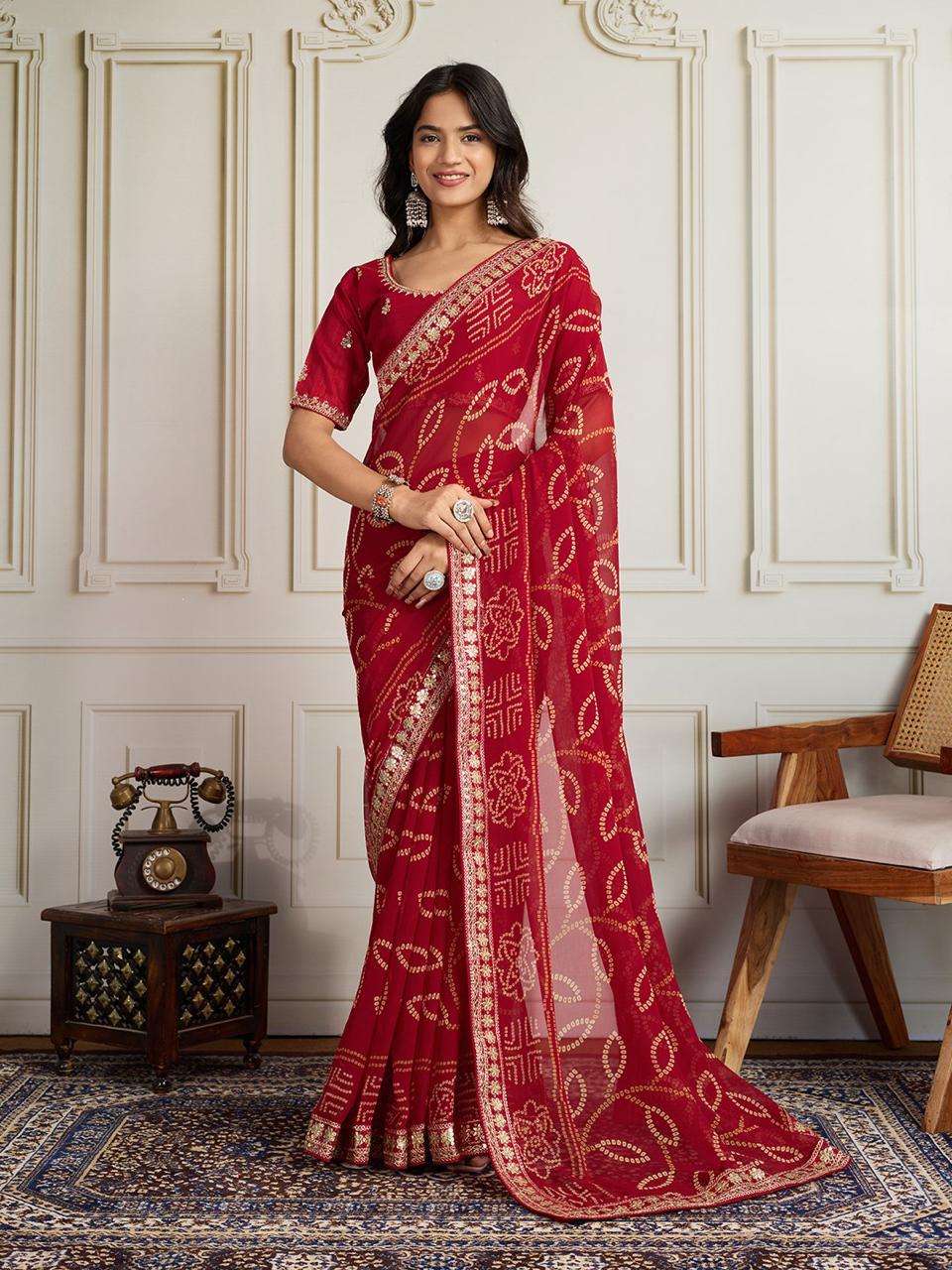 Georgette Bandhej Saree with Embroidery Lace Border
