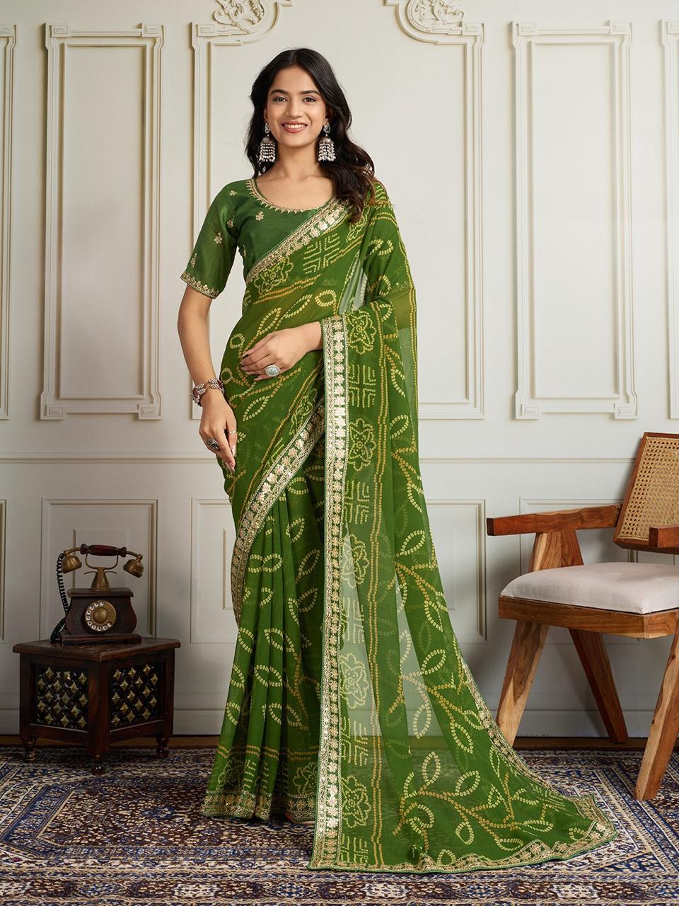 Georgette Bandhej Saree with Embroidery Lace Border