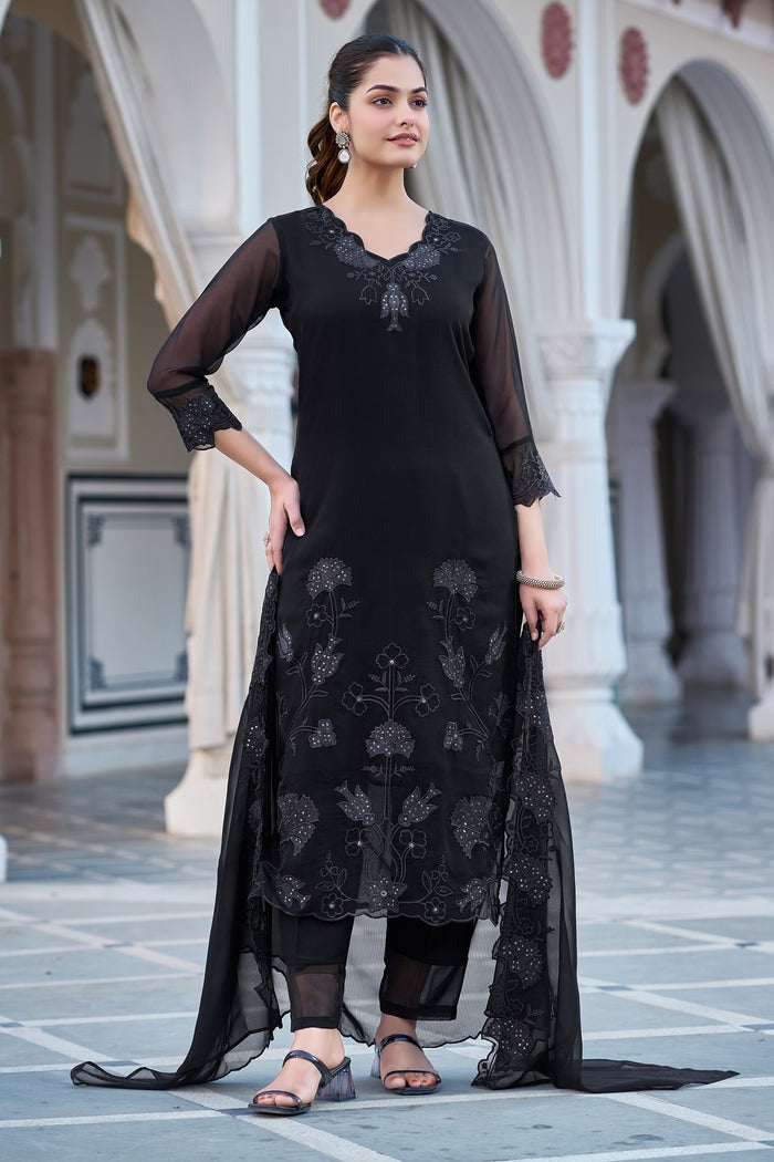 Georgette Embroidered Kurti Pant Set with Dupatta