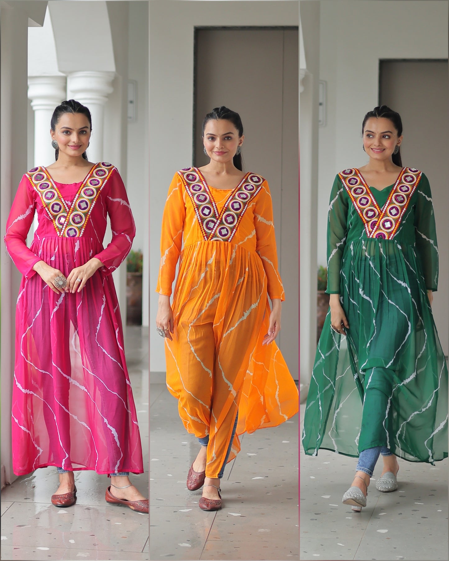 Georgette Leheriya Kurti with Kutchi Patchwork Neck