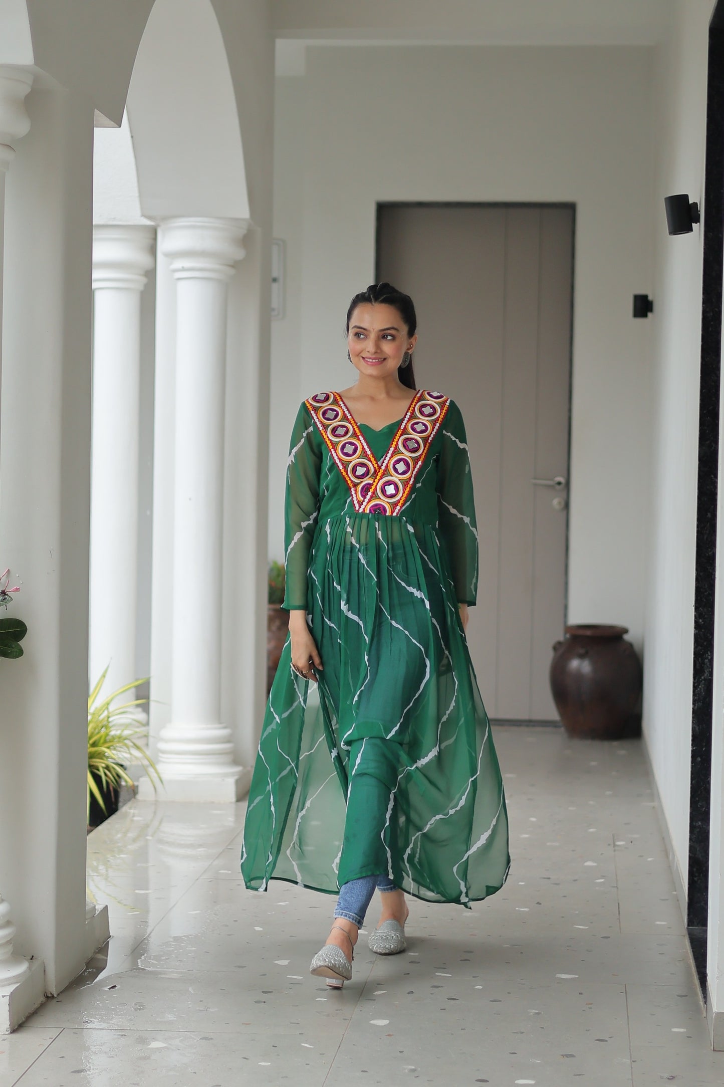 Georgette Leheriya Kurti with Kutchi Patchwork Neck