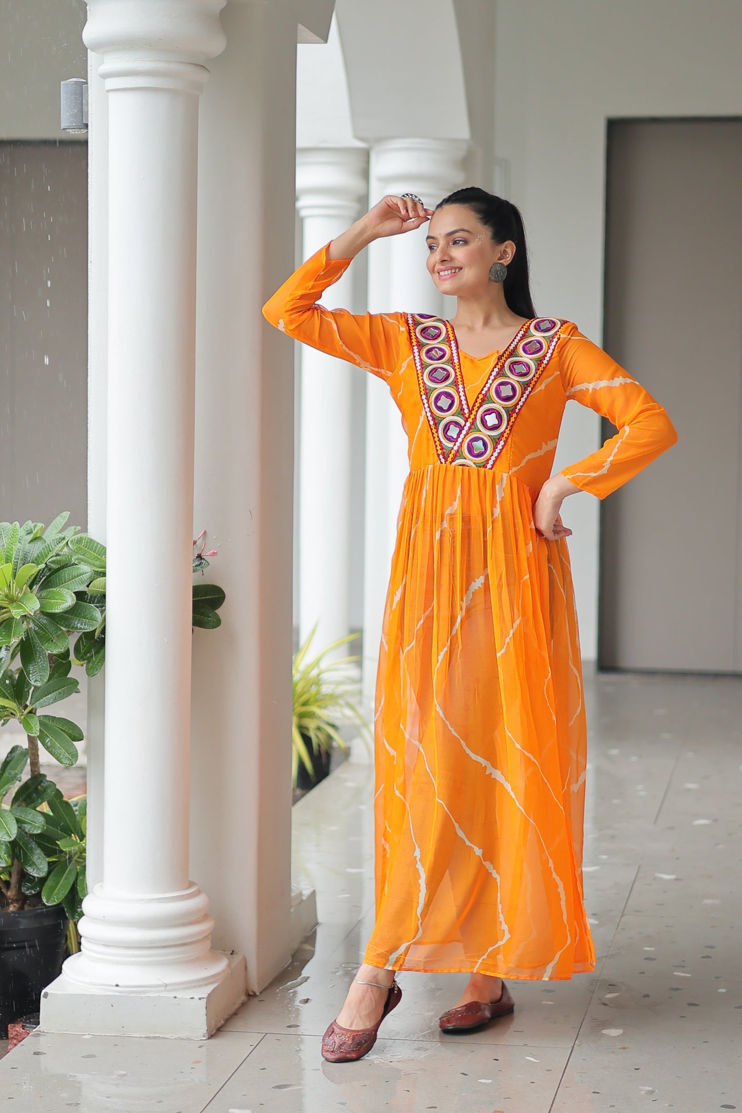 Georgette Leheriya Kurti with Kutchi Patchwork Neck