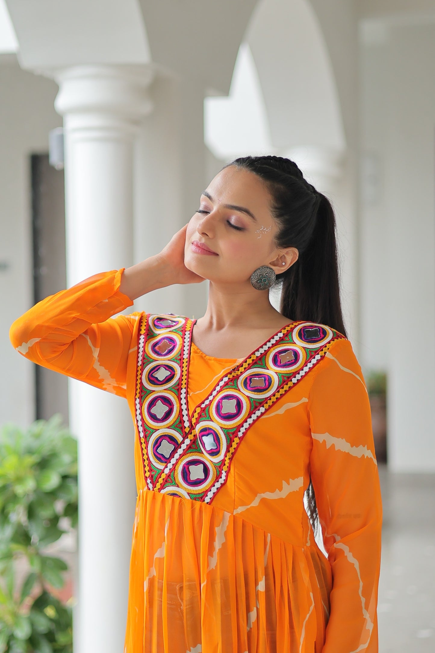 Georgette Leheriya Kurti with Kutchi Patchwork Neck