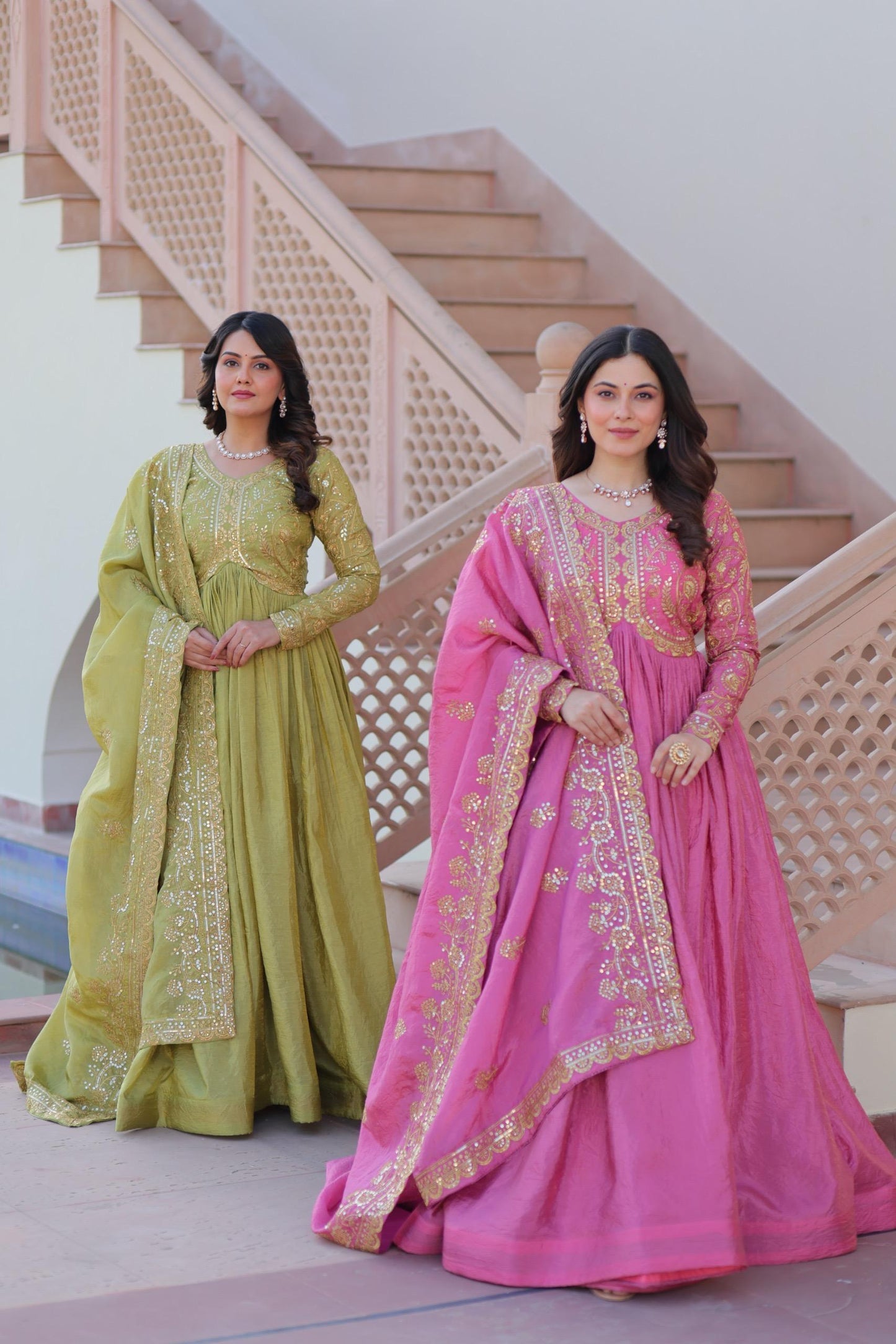 Gold Crush Fabric Gown with Dupatta for Women