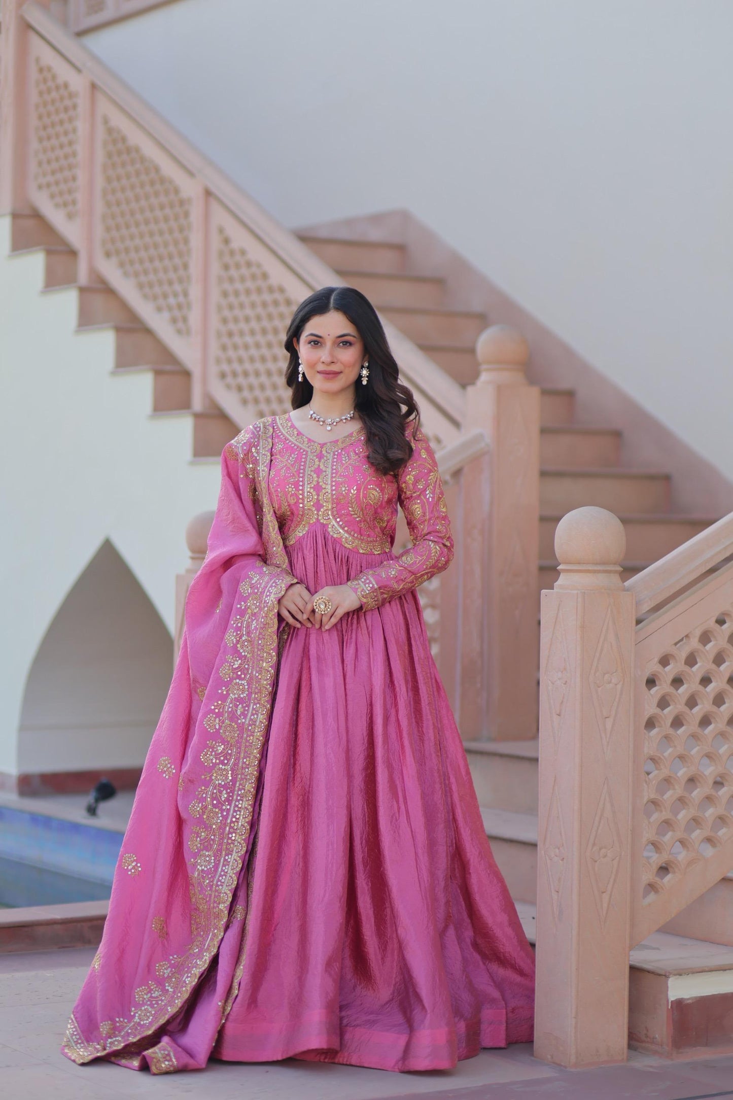 Gold Crush Fabric Gown with Dupatta for Women