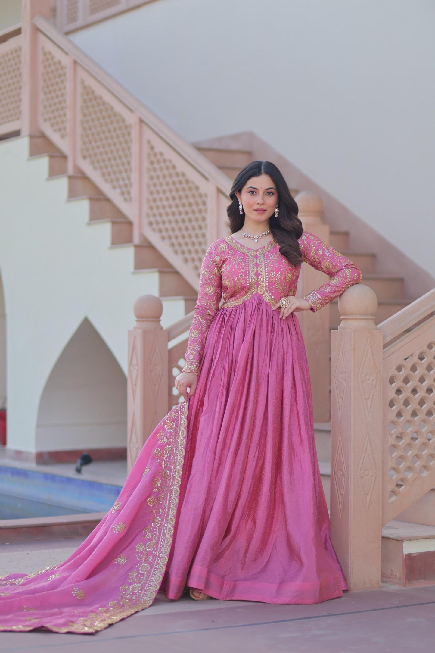Gold Crush Fabric Gown with Dupatta for Women