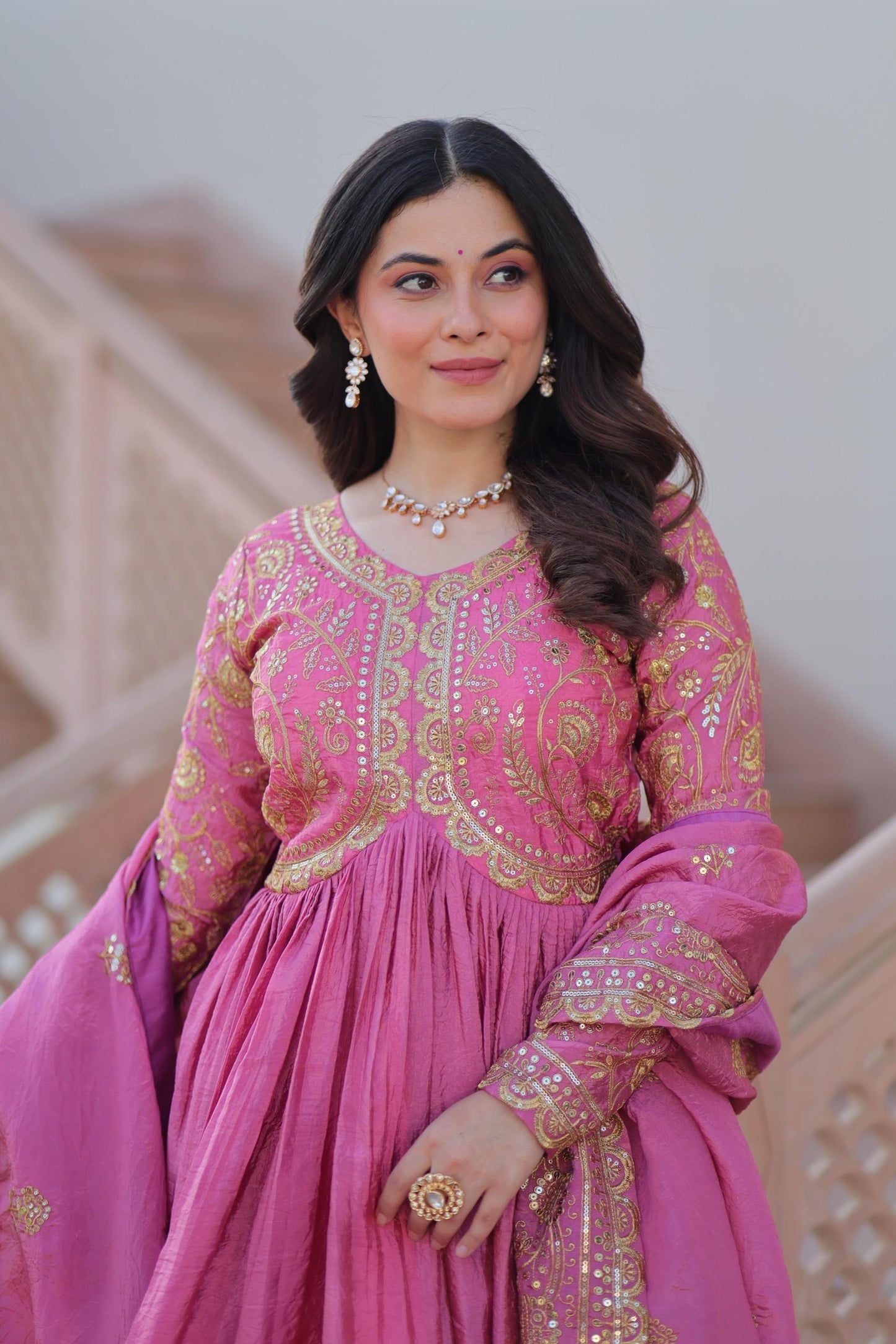 Gold Crush Fabric Gown with Dupatta for Women