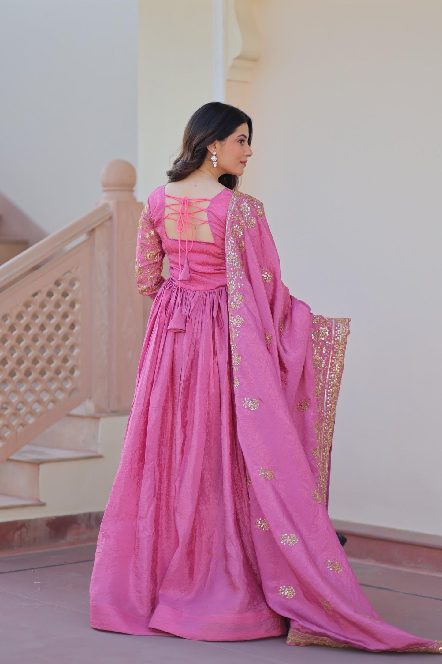 Gold Crush Fabric Gown with Dupatta for Women