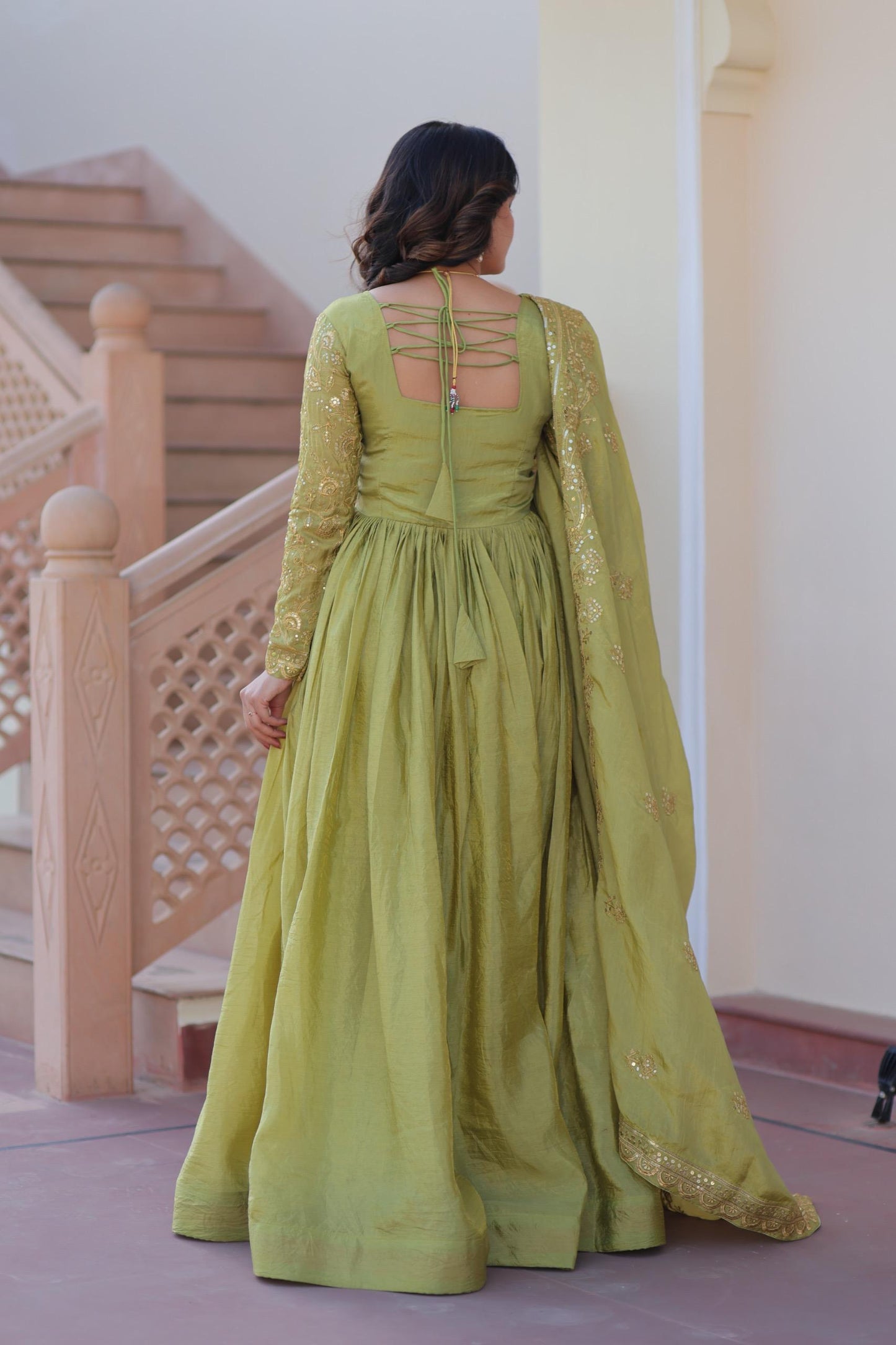 Gold Crush Fabric Gown with Dupatta for Women