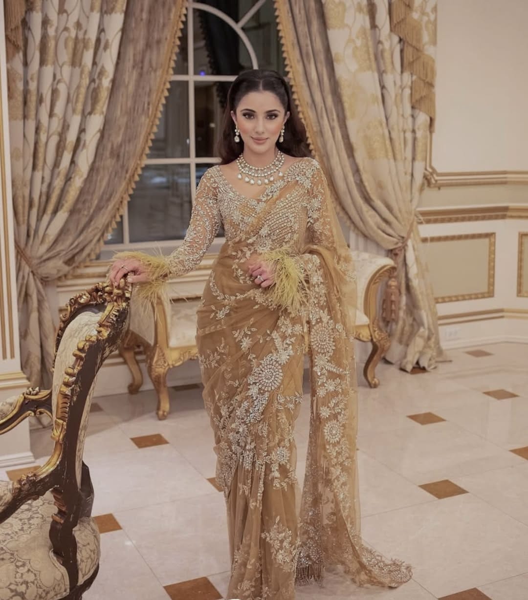 Gold Mono Net Saree with Heavy Multy & Sequin Embroidery