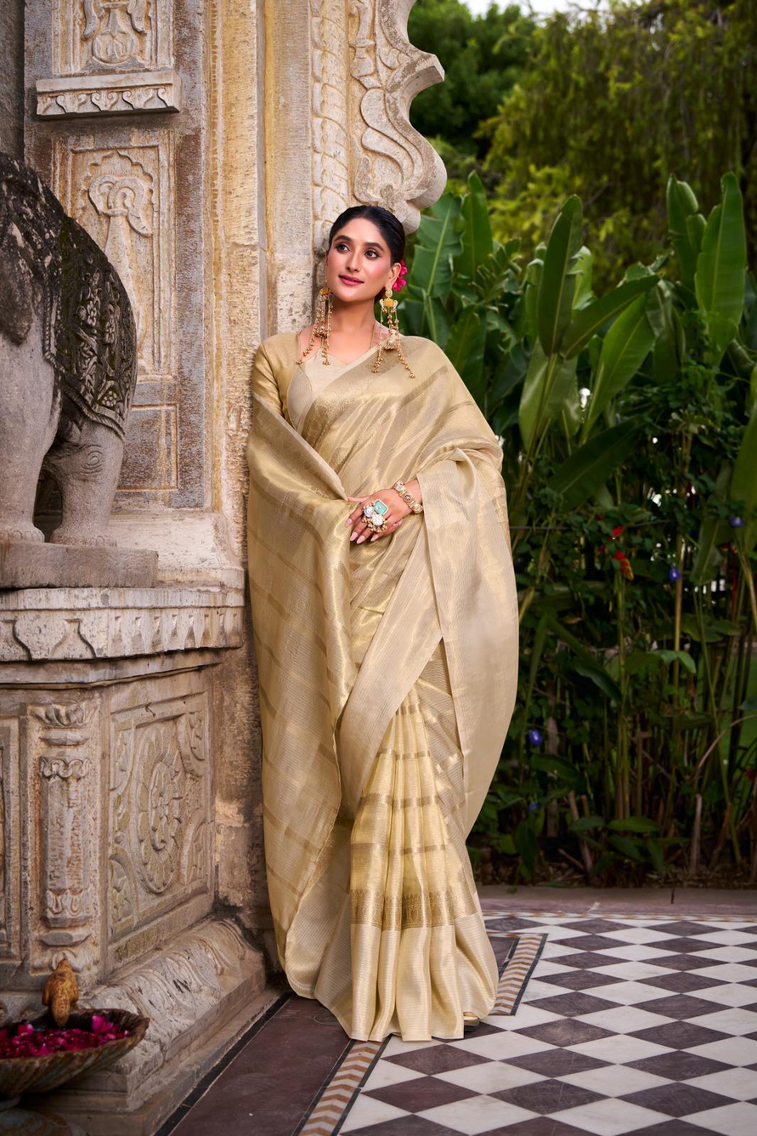Gold Tissue with Zari Work Saree for Festive Occasion