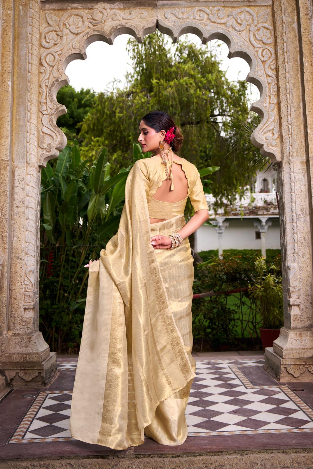 Gold Tissue with Zari Work Saree for Festive Occasion
