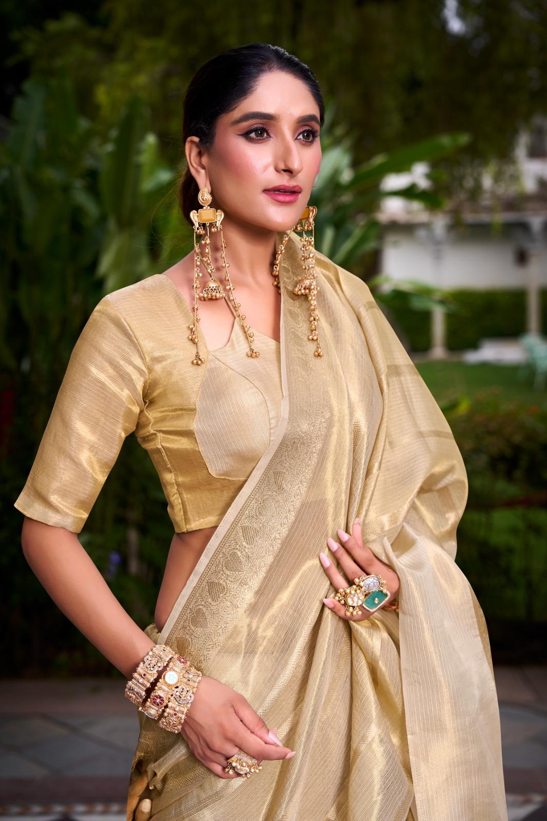 Gold Tissue with Zari Work Saree for Festive Occasion