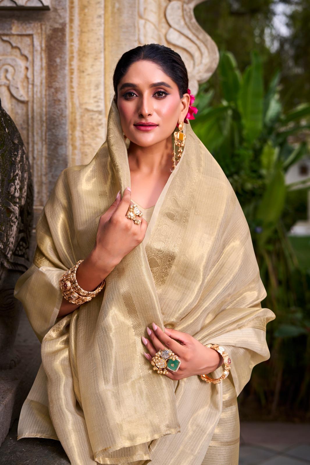 Gold Tissue with Zari Work Saree for Festive Occasion