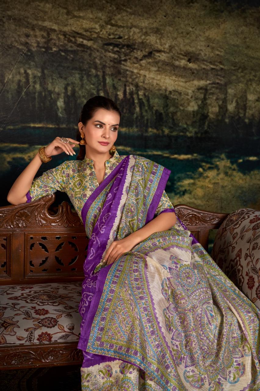 Green Silk Saree with Madhubani & Bandhej Fusion Print