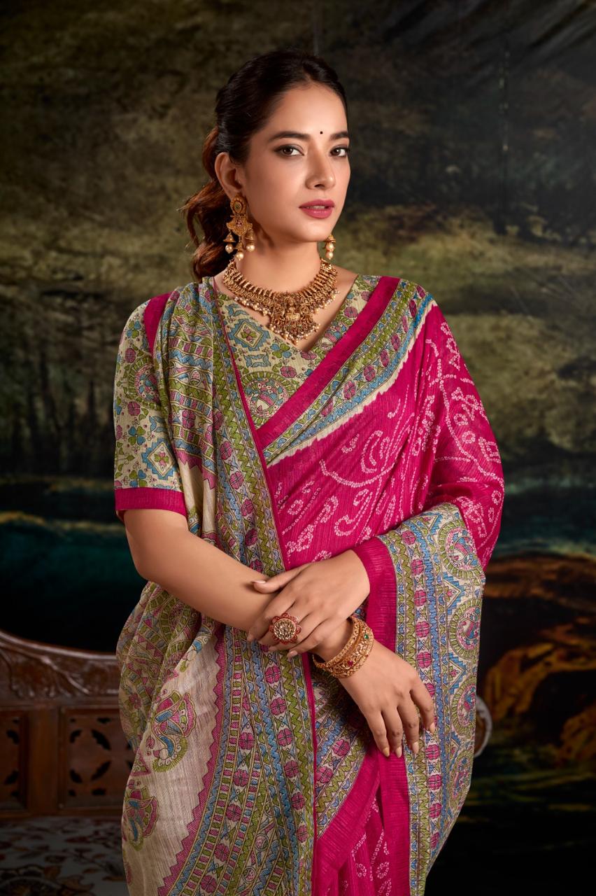 Green Silk Saree with Madhubani & Bandhej Fusion Print