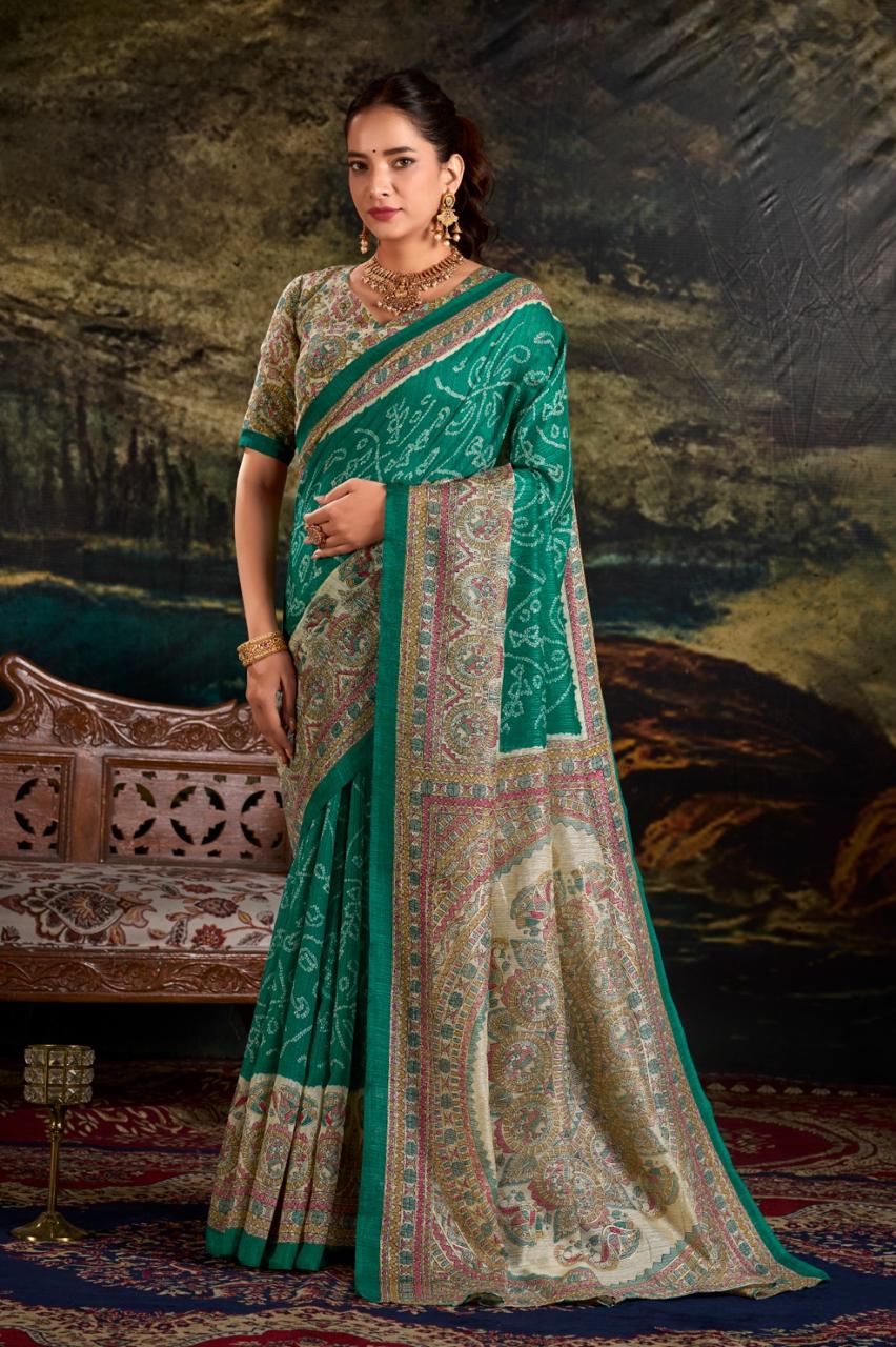 Green Silk Saree with Madhubani & Bandhej Fusion Print
