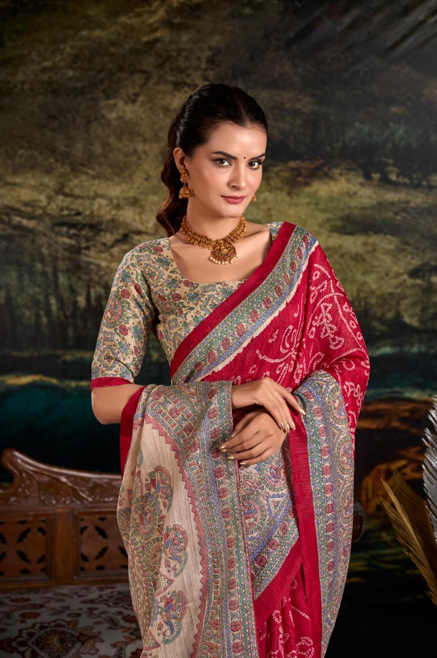 Green Silk Saree with Madhubani & Bandhej Fusion Print