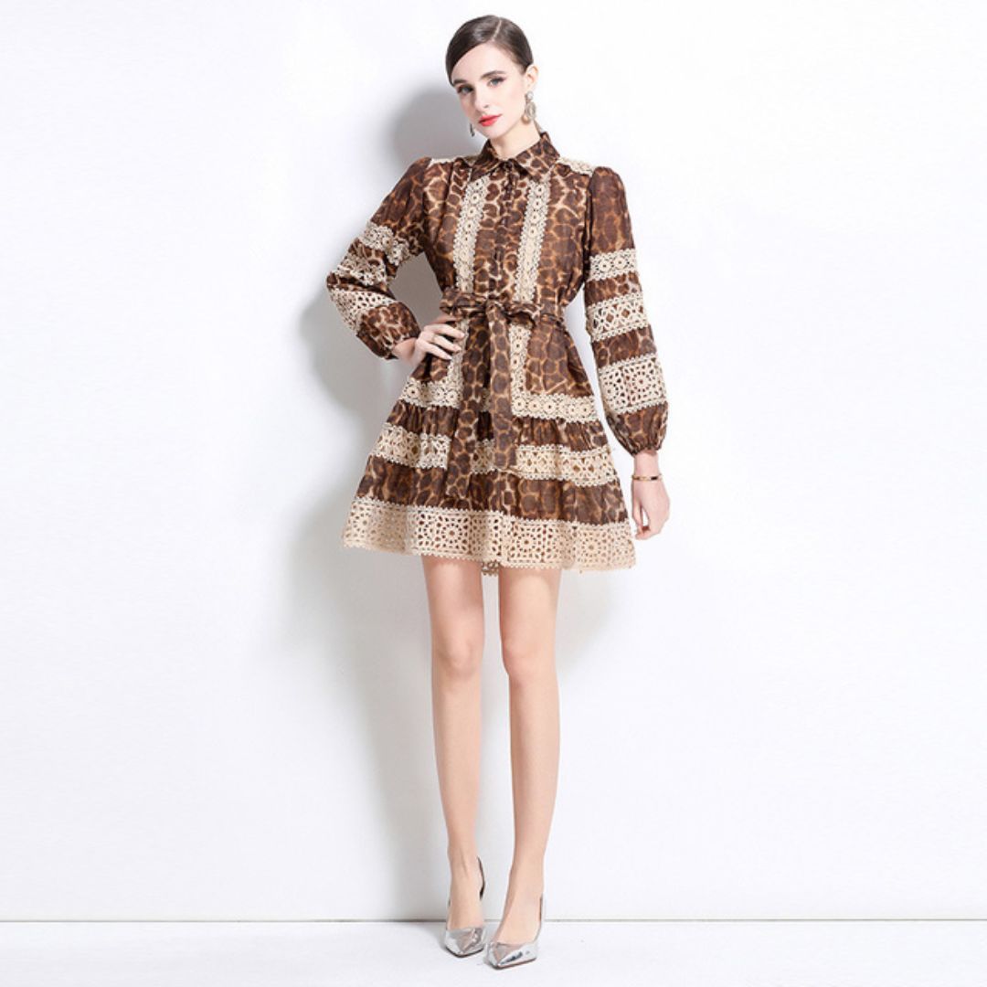Leopard Print Lace Patchwork Mini Dress for Women Long Sleeve Party Wear