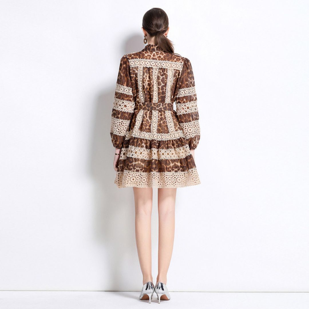 Leopard Print Lace Patchwork Mini Dress for Women Long Sleeve Party Wear