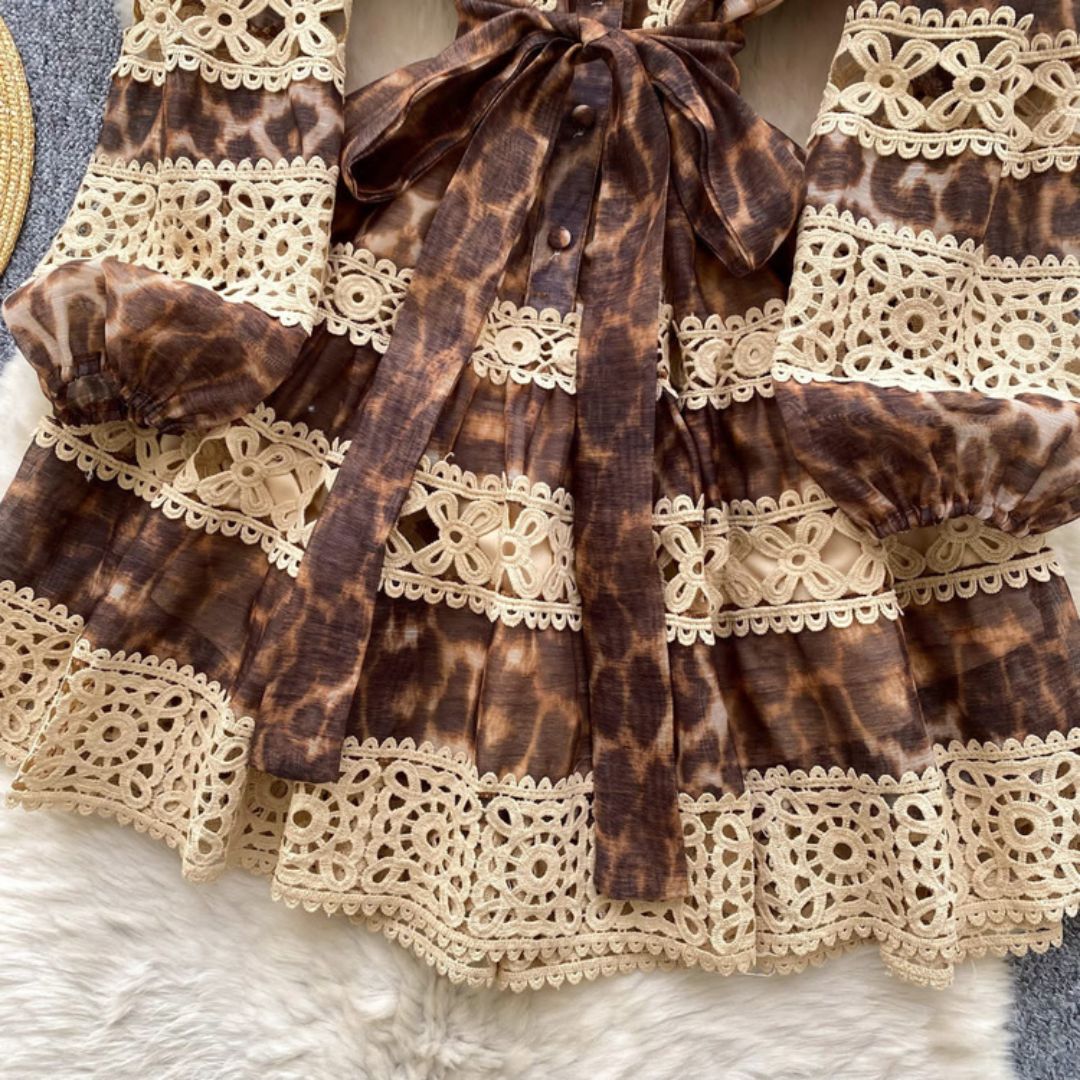 Leopard Print Lace Patchwork Mini Dress for Women Long Sleeve Party Wear